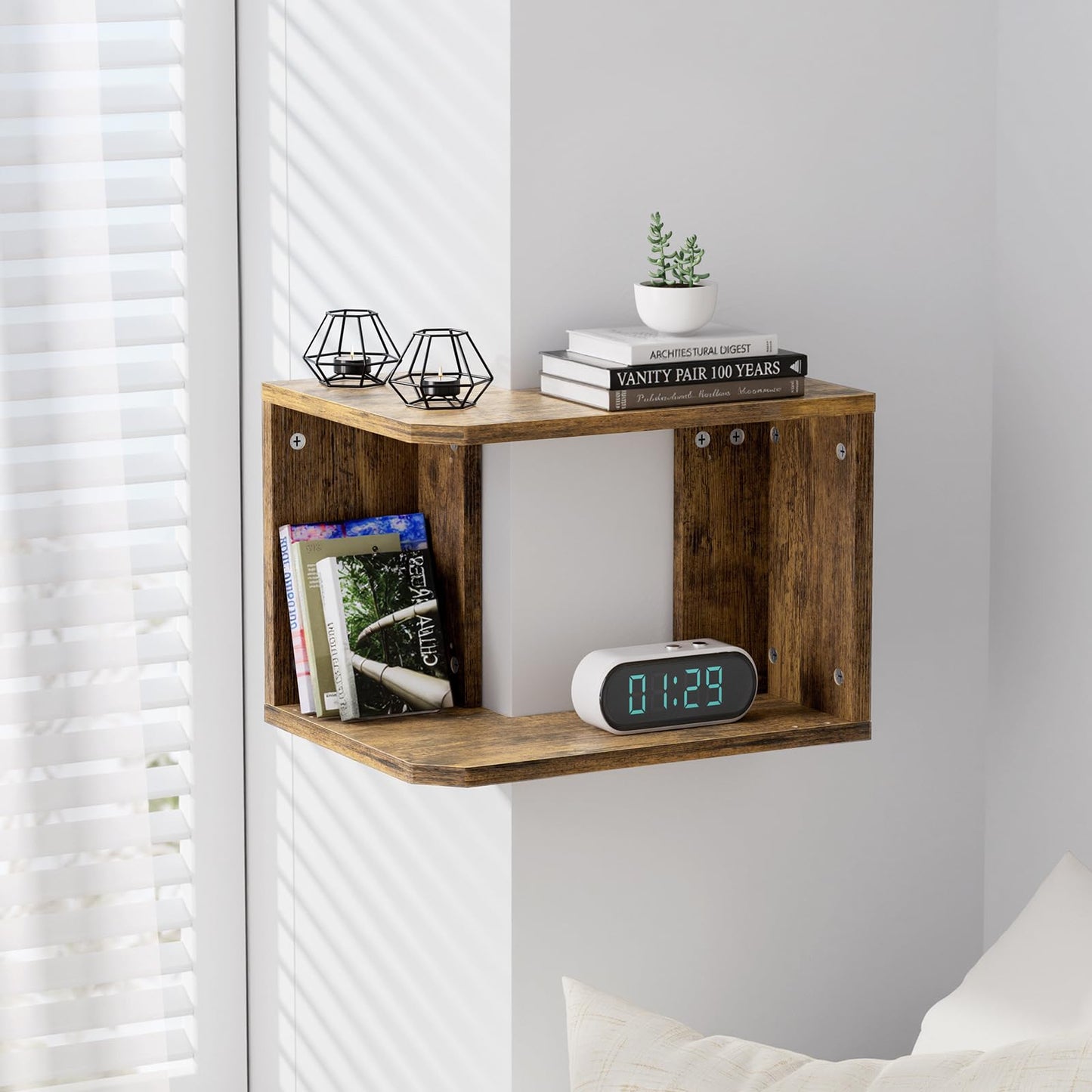 Atoping Floating Corner Shelf, 2-Tier Floating Shelf for Wall, Wood Floating Book Shelf for Living Room, Bedroom, Bathroom, Home Office, Rustic Brown