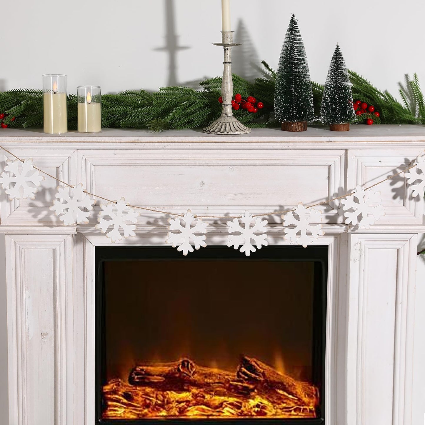 Christmas Decorations- Wooden Snowflake Garland -Rustic Snowflake Xmas Ornaments Banner for Home Party Fireplace Mantle Windows Shelf Wall Decor