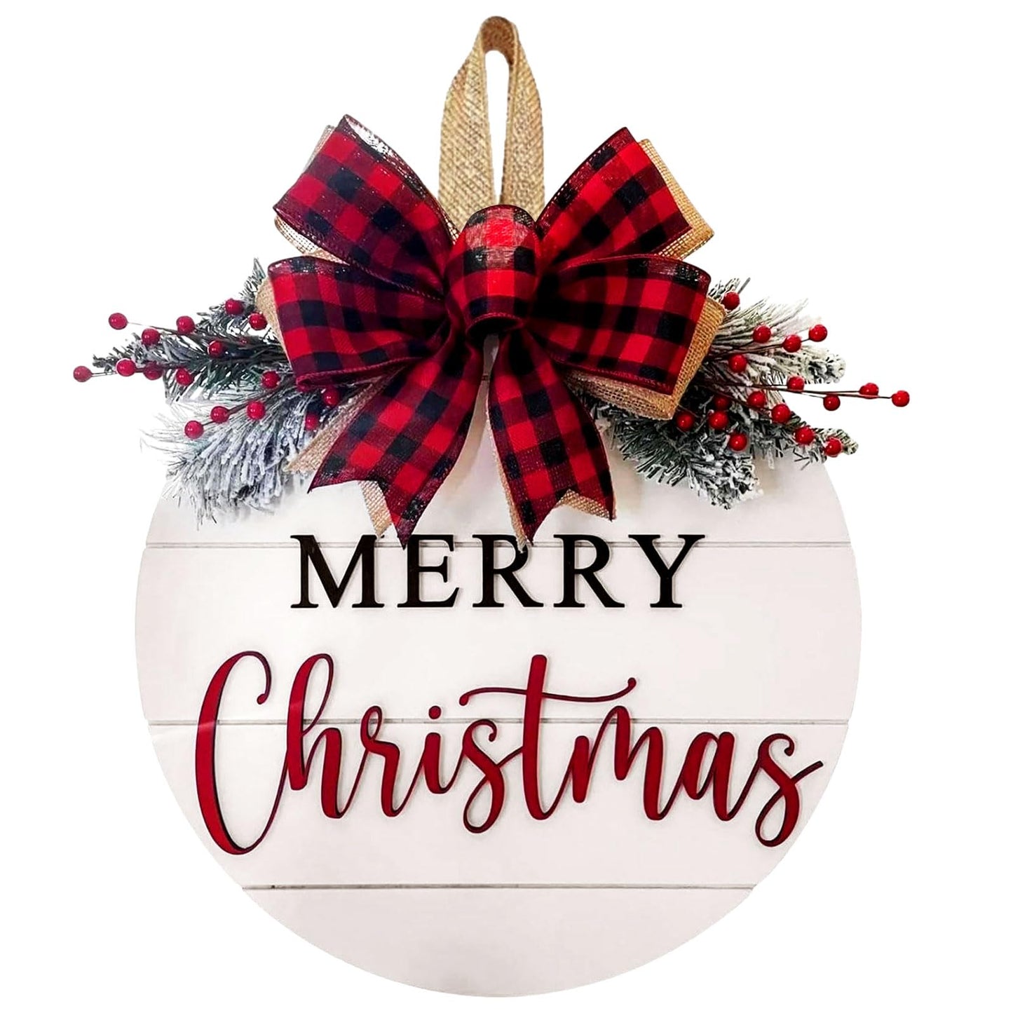 Merry Christmas Wreath Welcome Sign for Front Door, 11.8 inch Wooden Merry Christmas Sign for Holiday Rustic Farmhouse Front Door Porch Wall Window Outside Decorations (Merry Christmas-White)