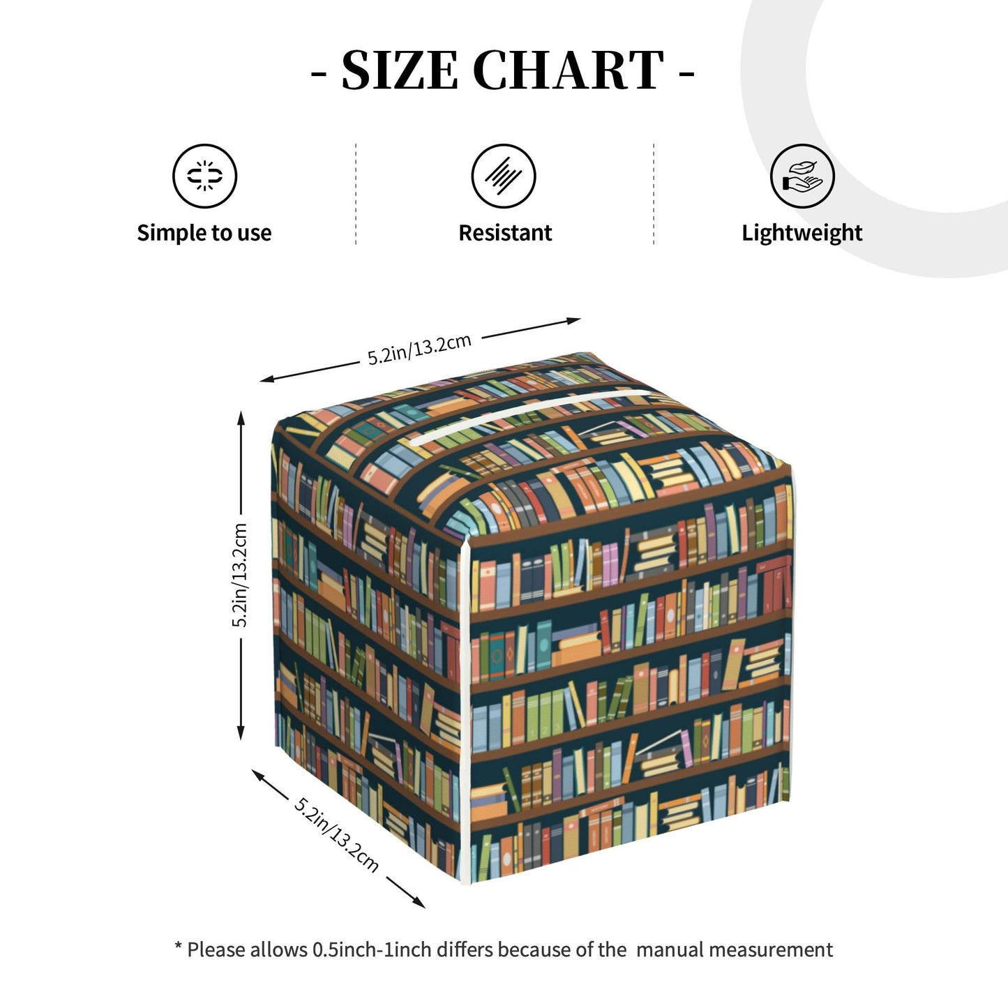 POIUBLE Tissue Box Holder Bookshelves Full of Books Tissue Box Cover Square Leather Tissue Holder Organizer Portable Decorative Facial Paper Case for Home Office Bathroom Vanity Countertop
