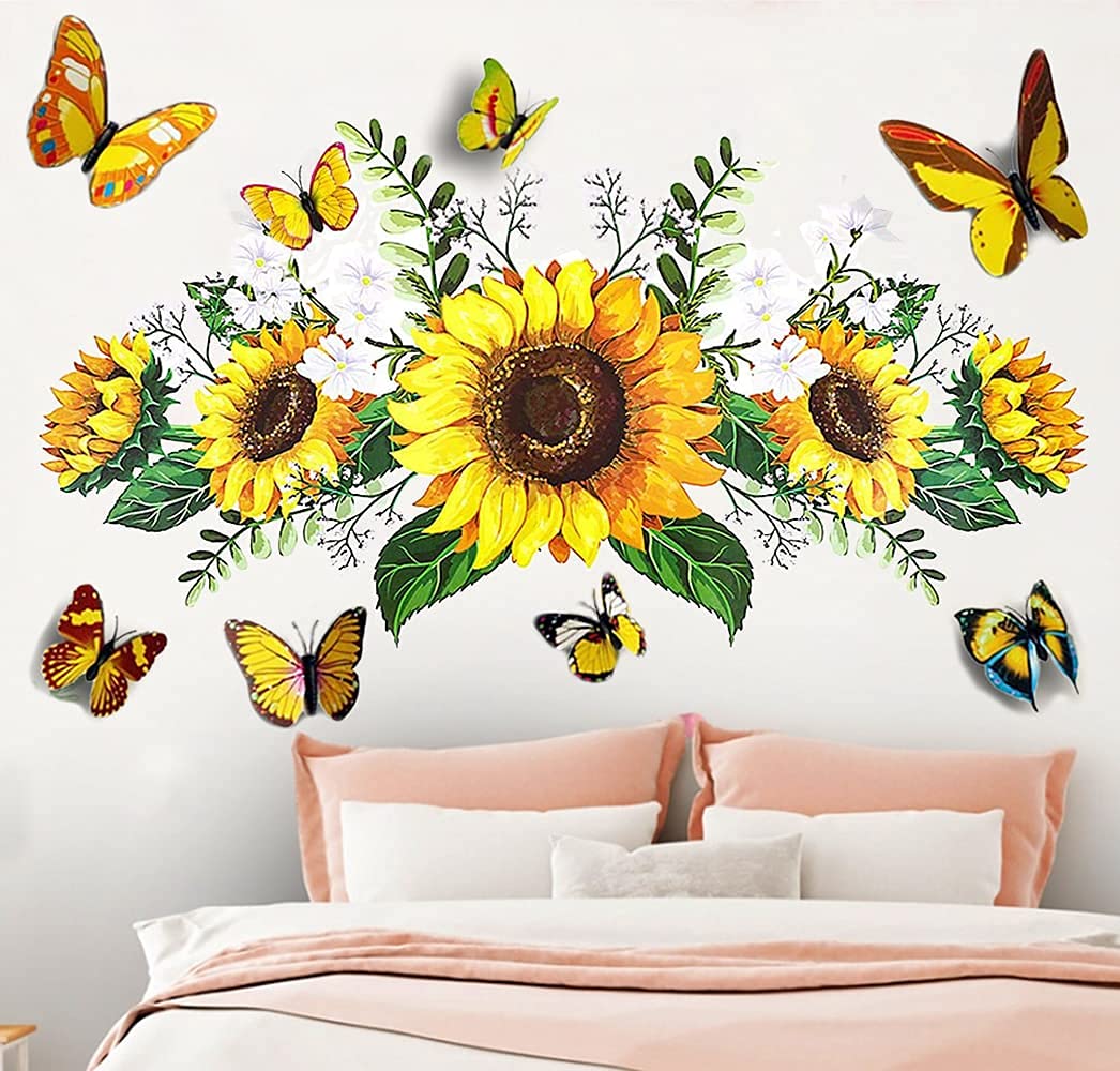 Sunflower Wall Stickers with 3D Butterfly Wall Sticker, Yellow Flowers Wall Decal,SPRT Waterproof and Removable, Sunflower Wall Stickers for Bedroom Living Room Bathroom Décor