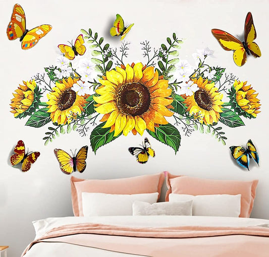 Sunflower Wall Stickers with 3D Butterfly Wall Sticker, Yellow Flowers Wall Decal,SPRT Waterproof and Removable, Sunflower Wall Stickers for Bedroom Living Room Bathroom Décor