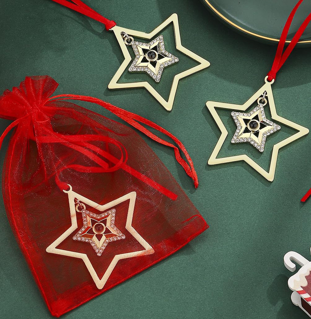 Set of 3 Christmas Hanging Ornaments - Silver Snowflake Star Pawprint Christmas Tree Decor for Xmas Tree Gift Decorative Hanging Ornaments Hanging Pendants (3, Golden Star)