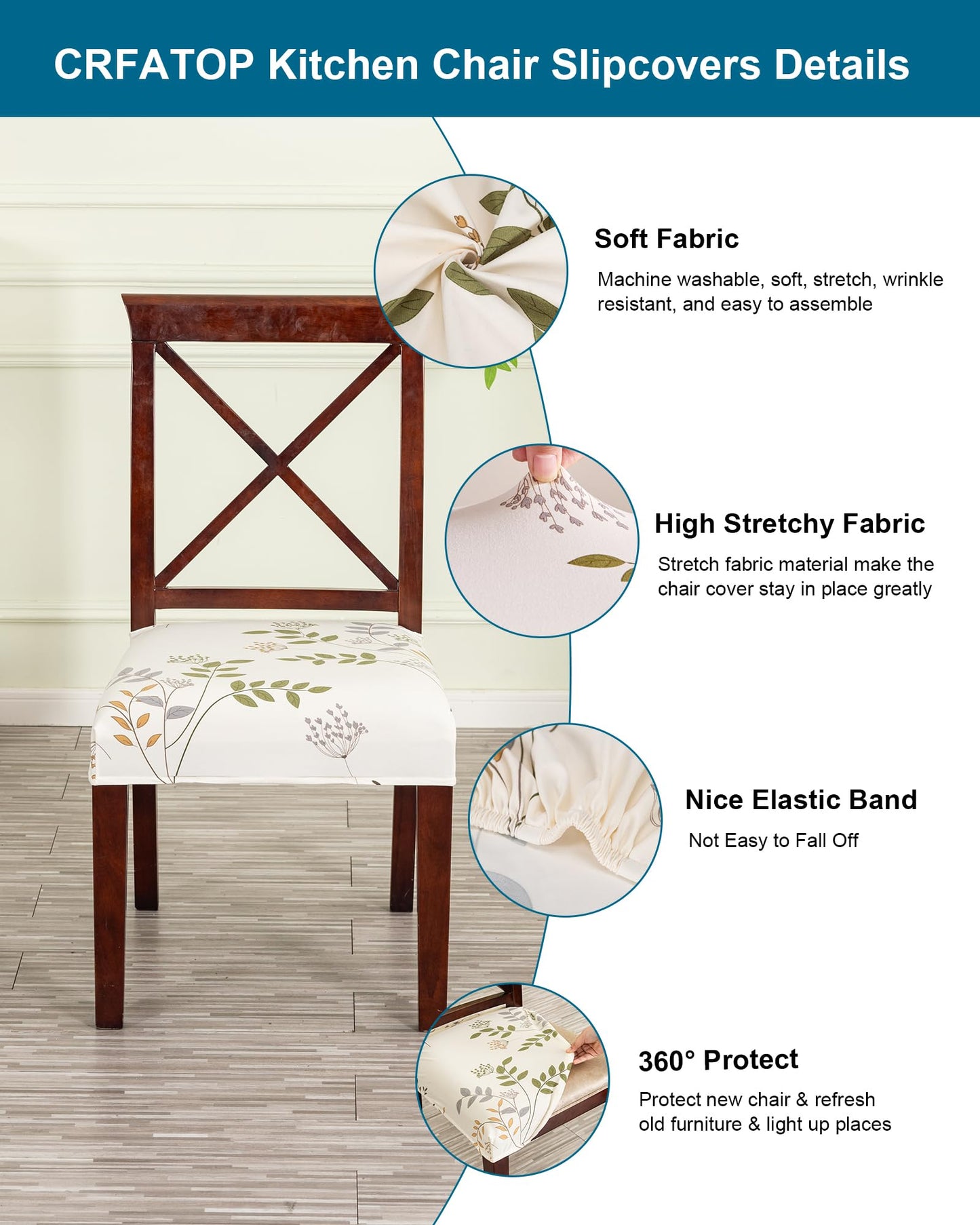 CRFATOP Waterproof Dining Chair Seat Covers Set of 4, Stretch Dining Room Cushion Slip Cover Non-Slip Seat Slipcover for Dining Chairs Washable Removable Parson Kitchen Chair Protectors,L,01