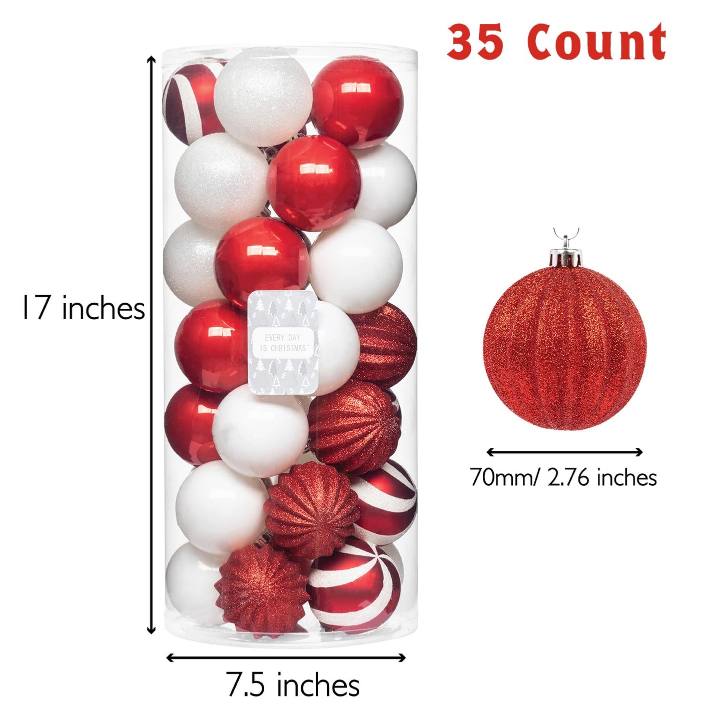 Every Day is Christmas Ornaments, Shatterproof Christmas Tree Ornament Set, Christmas Balls Decoration 35 Count (2.75"/70mm, Red White)
