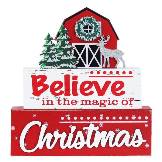 MEETYAMOR Christmas Decor, Large Size 3-Layered Wood Block with in the magic of believe Sign Christmas Table Decor, Farmhouse Rustic Xmas Decorations Indoor for Home, Mantle, Shelf, Living Room