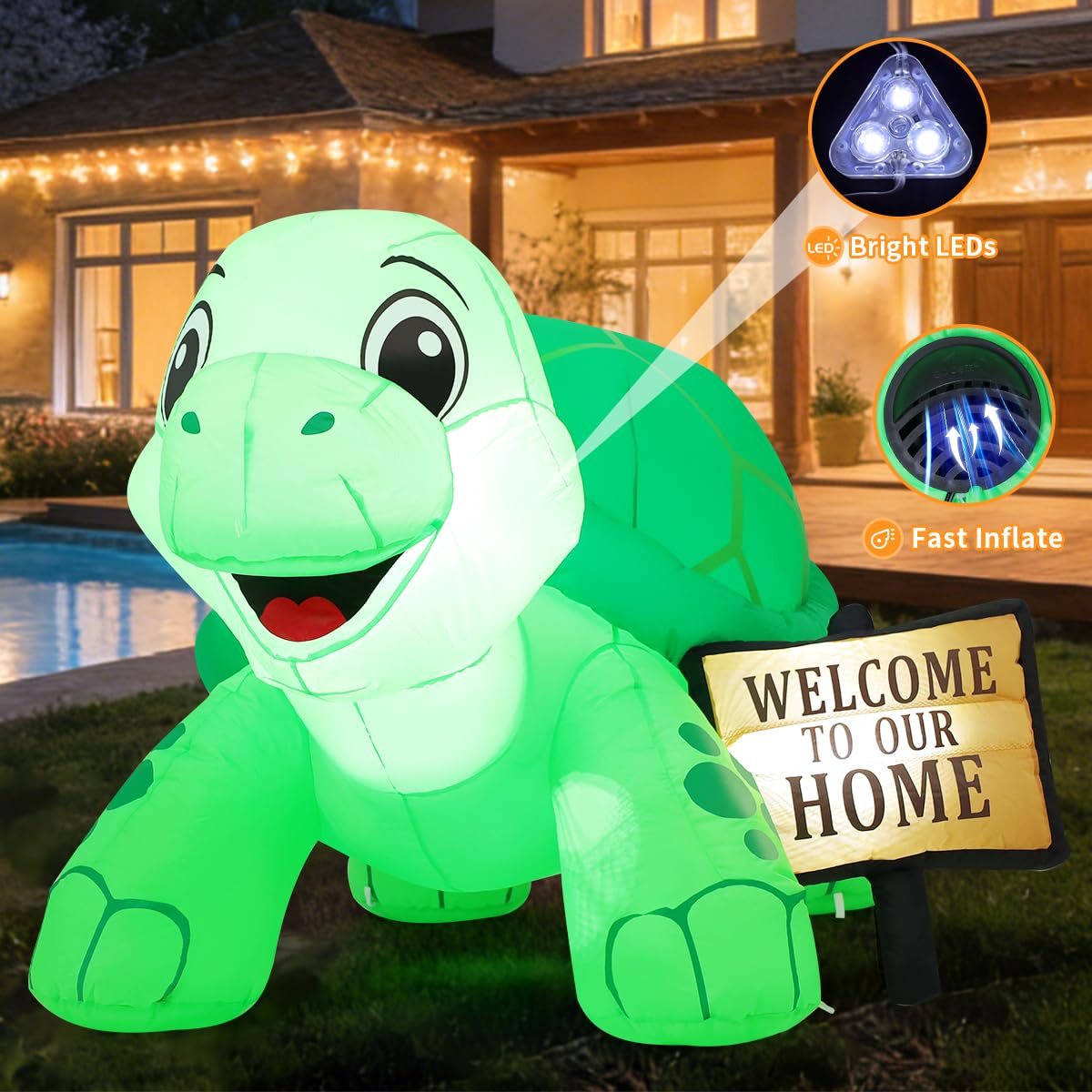 GOOSH 5 FT Long Spring Tortoise Inflatable Outdoor Decoration Blow Up Yard with Welcome Sign Built-in LEDs for Indoor Party Garden Lawn Decor