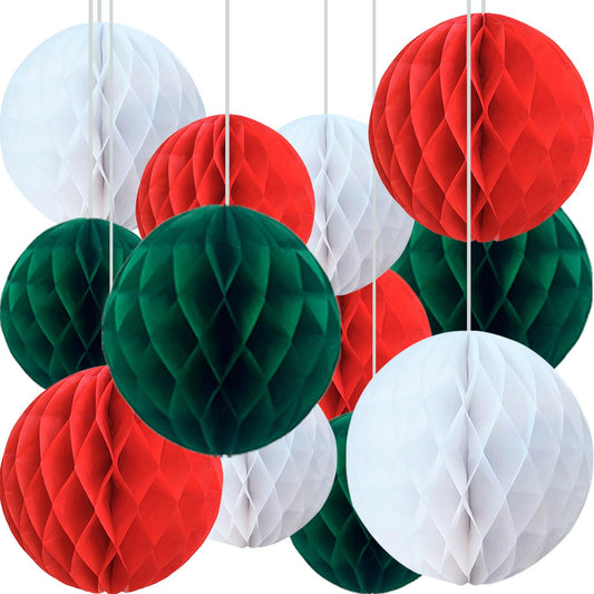 brzikwt 12 Pcs Red White and Green Paper Honeycomb Flower Balls for Christmas Party Ceiling Wall Hanging Tissue Pom Poms Decor (6 inch & 10 inch)