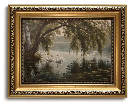 ZQARTZZQ Vintage Gold Framed Landscape Wall Art Lake Painting Canvas Prints Landscape Wall Decor Countryside Swan Picture Style Poster Print Artwork for Living Room Bedroom Home Decoration 8x10 inch Small Framed