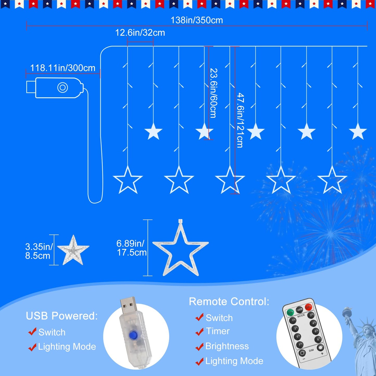 Lewondr 4th of July Curtain String Lights, 11.5FT 138 LED Hanging Patriotic Star Icicle Lights with 6H Timer, 8 Modes, USB, Red White and Blue 4th of July Decorations for Independence Memorial Day