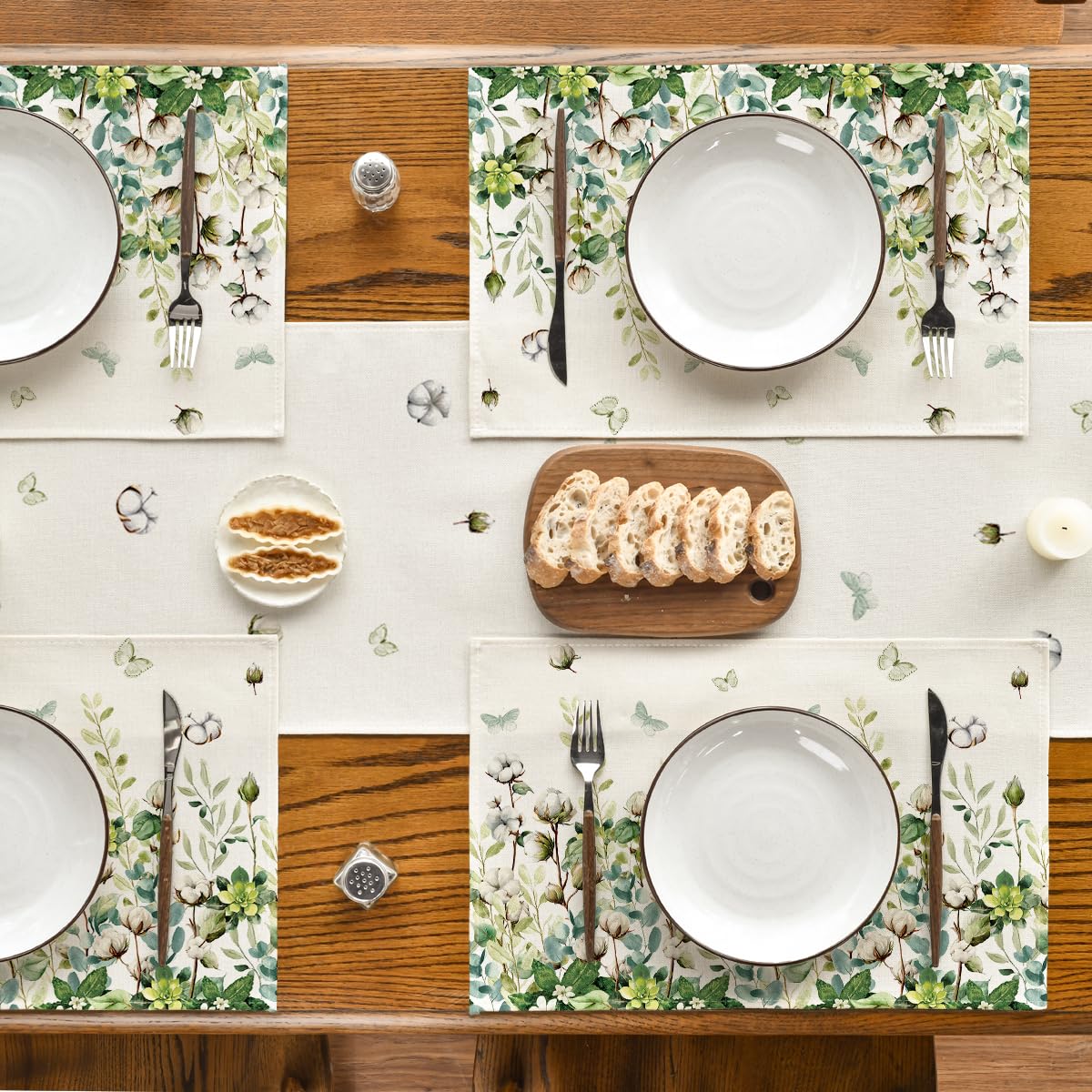 Artoid Mode Cotton Plant Leaf Butterfly Spring Placemats Set of 4, 12x18 Inch Seasonal Summer Holiday Table Mats for Party Kitchen Dining Decoration