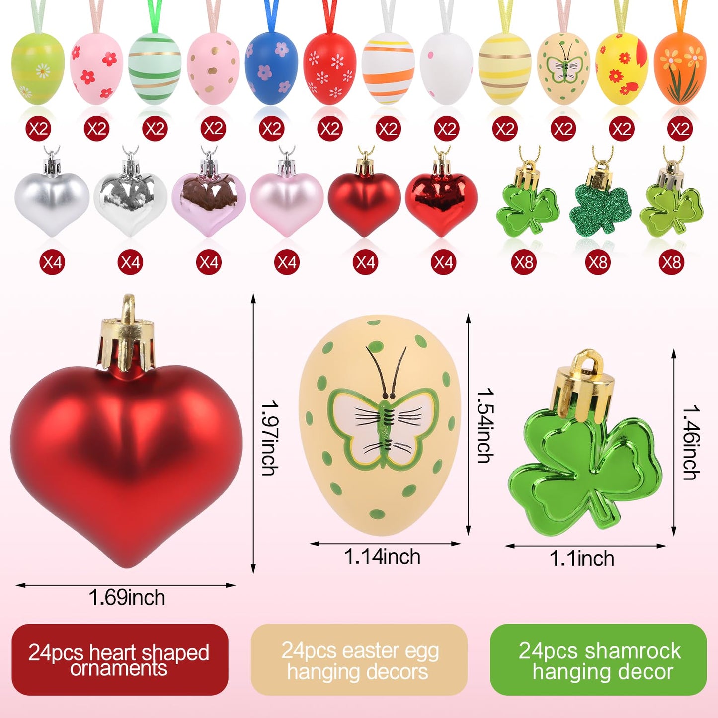 CCINEE 72pcs Easter Egg Hanging Sets for Easter Holiday Decorations, Shamrock Mini Hearts Valentine's Day Heart Shaped Ornaments for Tree St Patricks Day Party
