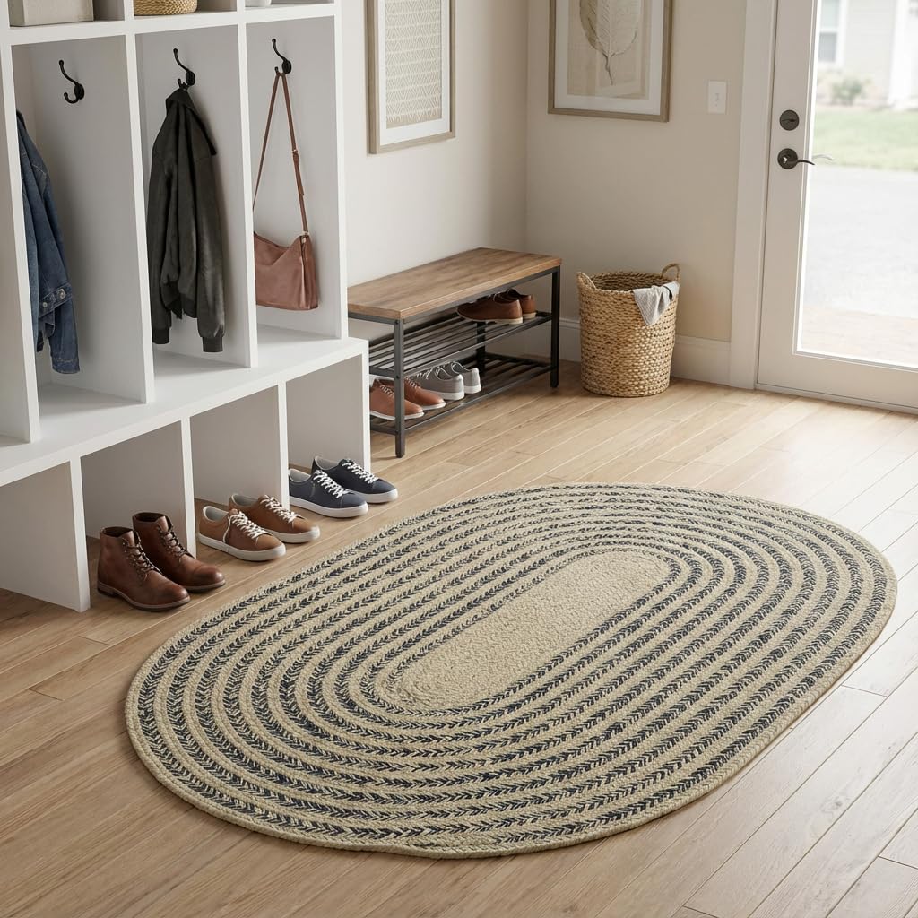 Cotton Braided Rug - 20" X 30" Beige and Navy Oval Woven Farmhouse Rug for Bathroom - Braided Minimalist Rugs for Kitchen - Rustic Primitive Rugs for Entryway