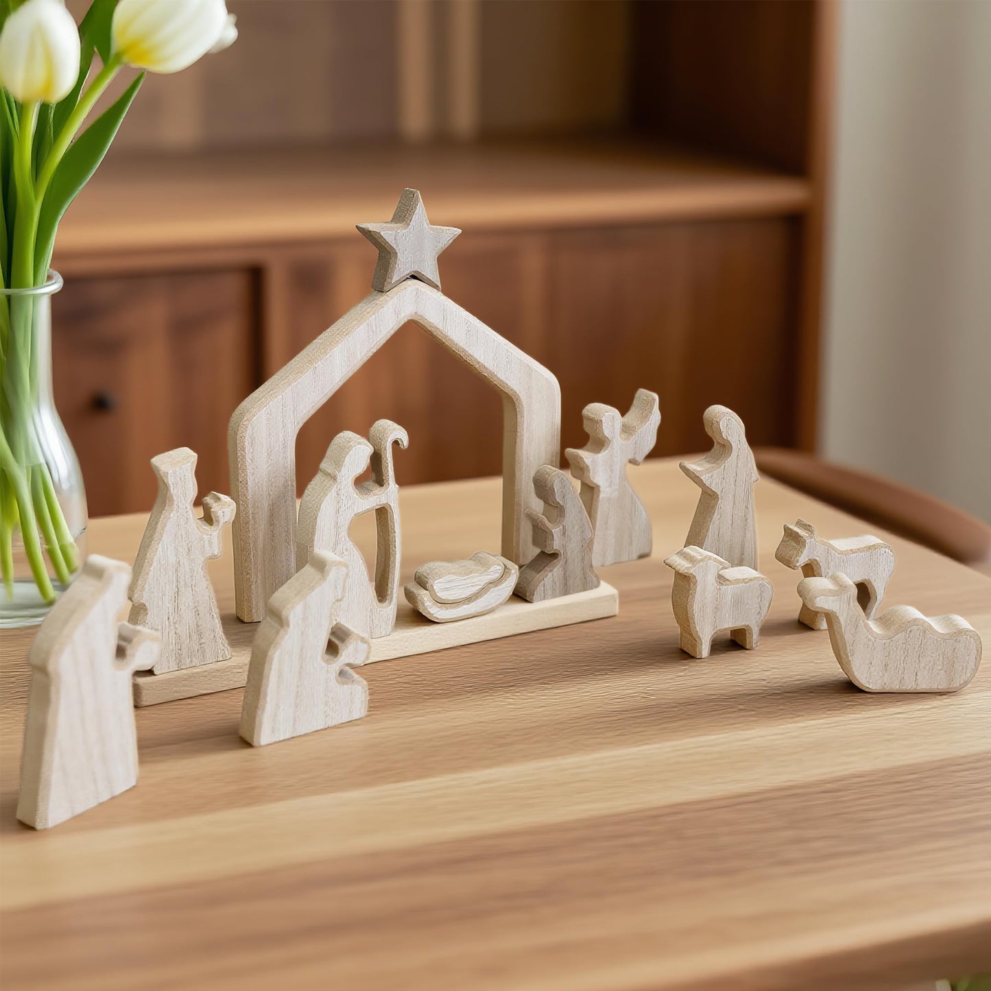 NEROSUN Nativity Scene Set, 13Pcs Wooden Christmas Nativity Scene Miniature Holy Family Figurines, Minimalism Boho Tabletop Christmas Manger Decorations for Christan Indoor Home Mantel Display