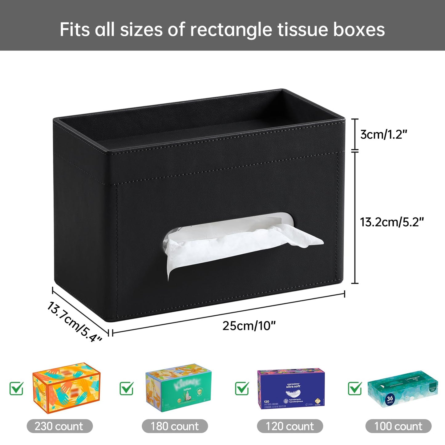 MEIBOOCH Plus Size Tissue Box Cover Rectangle, PU Leather Tissue Box Holder with Storage Tray, Decorative Organizer Tissue Holder for Bathroom, Bedroom Dresser, Night Stand, Office (Black)