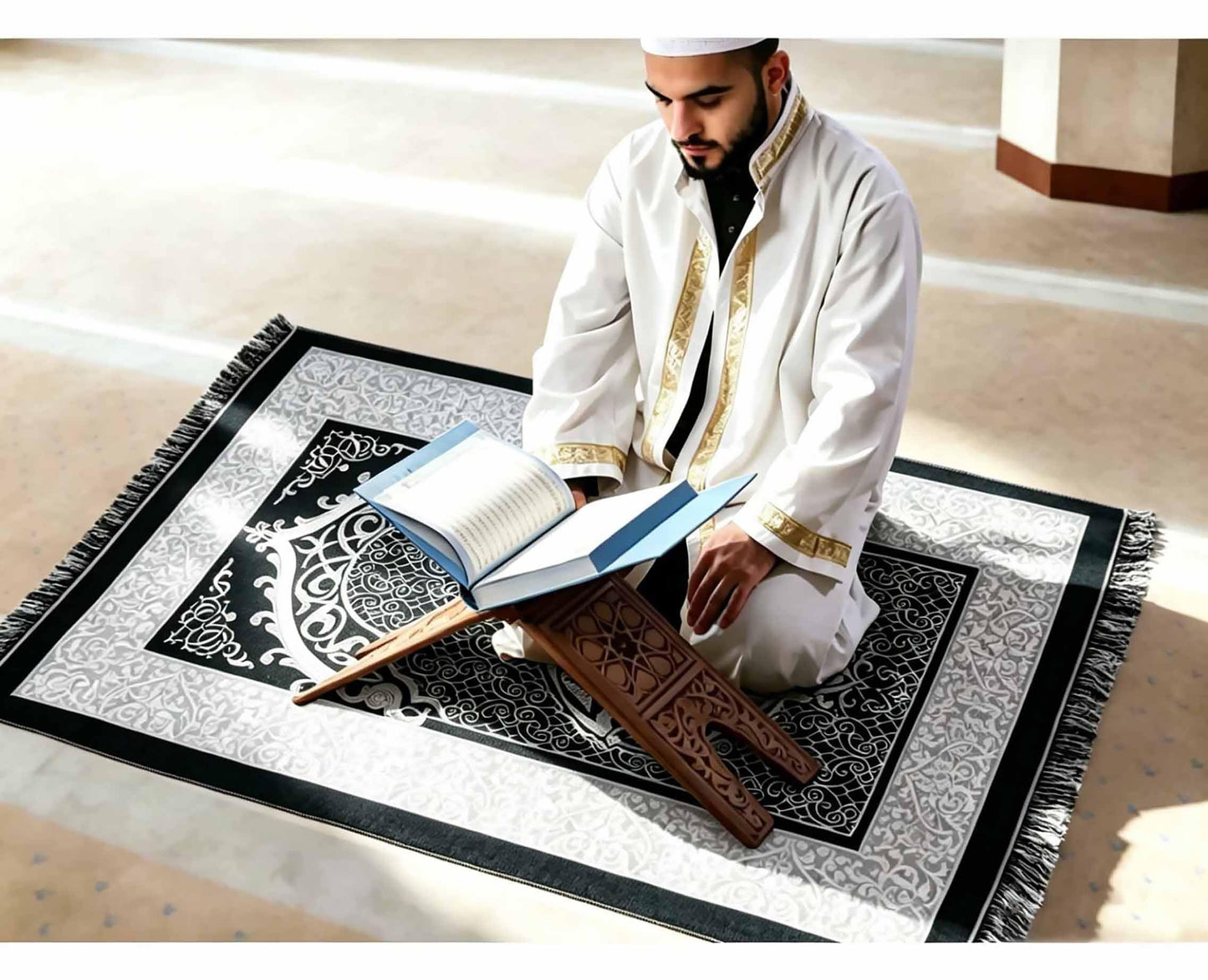 Muslim Prayer Rug and Prayer Beads with Gift Box, Soft Islamic Prayer Mat, Islamic Gifts Set, Prayer Carpet Mat, Sajadah/Janamaaz/Seccade (Black)
