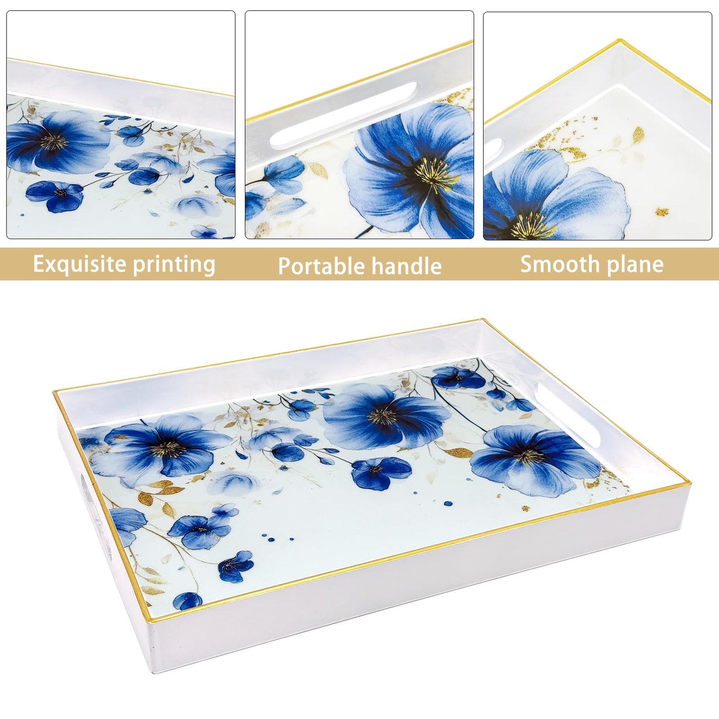 PDUHKO Serving Tray with Handles, 15.7 * 11.8 inches, Plastic Ottoman Tray with Exquisite Paintings, Trays for Coffee Table
