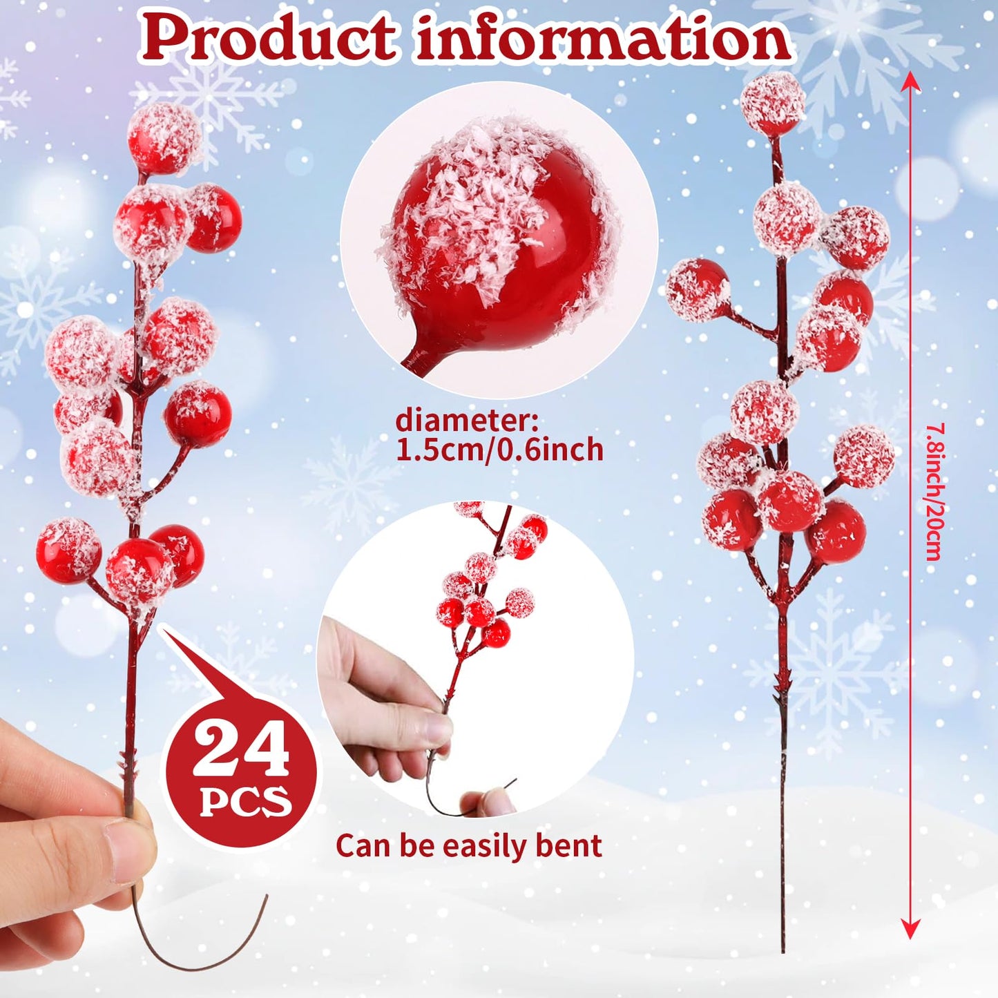 FOIMAS Snow Frosted Artificial Red Berry Stems,24 Pack Christmas Berry Spray Picks Holly Berries Branches for Christmas Tree DIY Craft Home Decoration