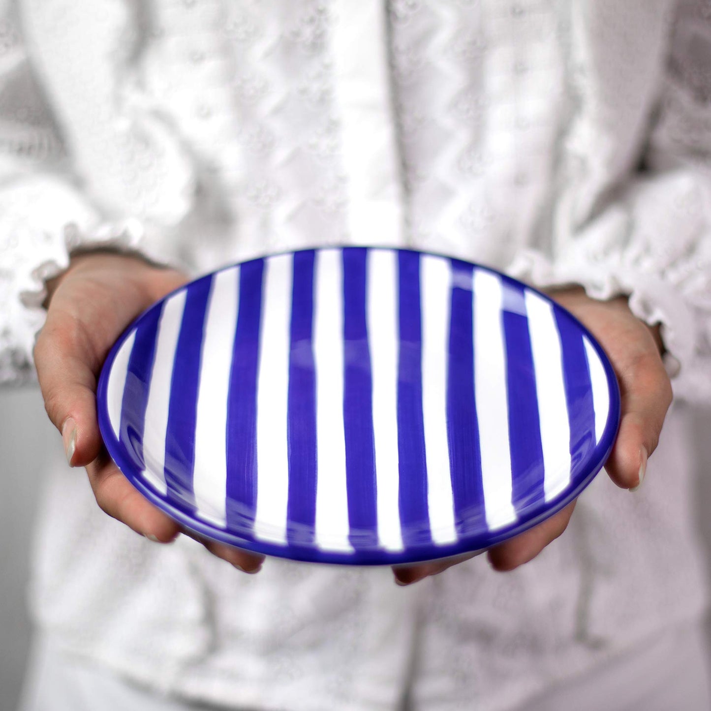 City to Cottage Handmade Dark Navy Blue Stripe Glazed 7.9inch/20cm Side Plate, Dessert Plate, Unique Ceramic Dinnerware, Housewarming Gift