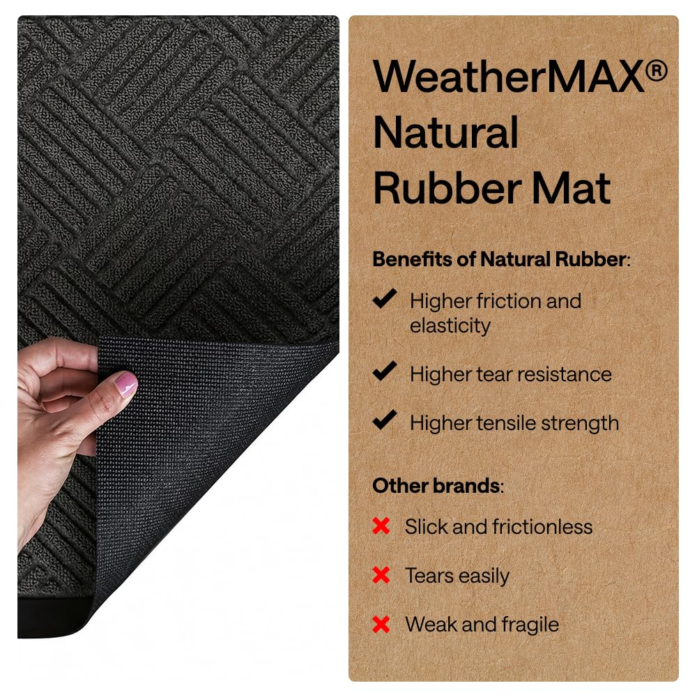 GORILLA GRIP 100% Waterproof All-Season WeatherMAX Doormat US Designed Natural Rubber, Stain Fade Resistant, Low Profile Indoor Outdoor Door Mats, Easy Clean, 29x17 Gray Diamond