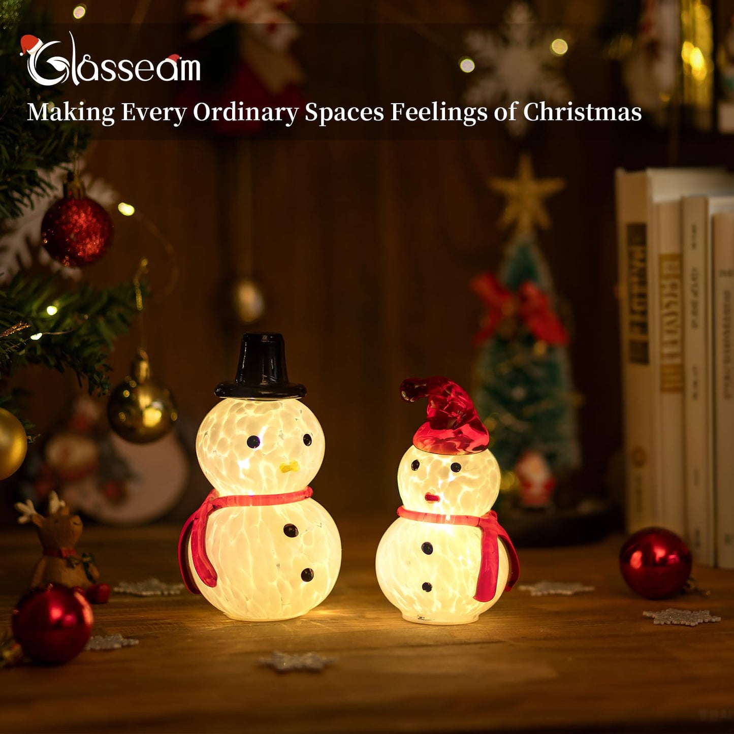 Glasseam Snowman Figurines Christmas Decorations: 2Pcs Cute Glass Light up Snowman Ornaments - LED Christmas Figurines Battery Operated Xmas Decor Gifts for Winter Holiday Home Table Window Fireplace