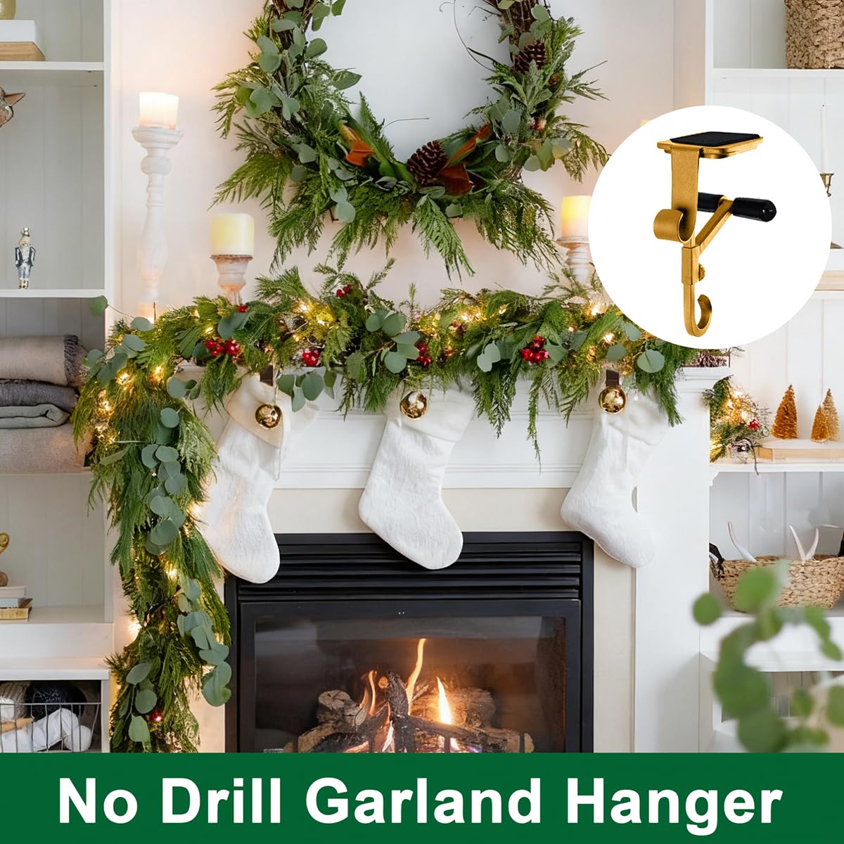 ATRGDUE Fireplace Stocking and Garland Hanger with Two Hooks,Adjustable Mantle Holder- Hold Christmas Decoration and Hang Garland-No Drill,Durable Wrought Iron Holds Up to 20 lbs(3Pcs,Gold)