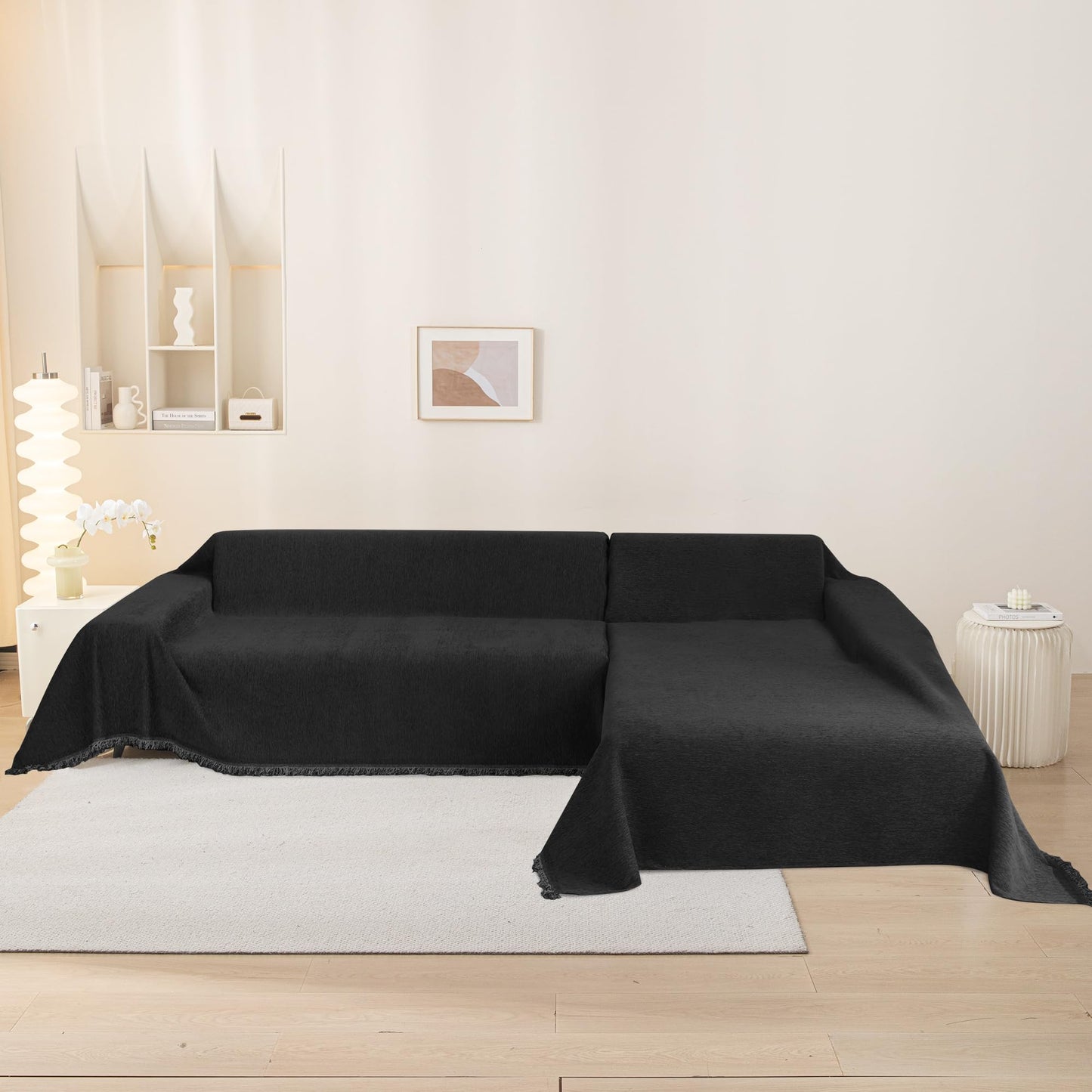 MEETSKY Couch Cover for 3 Cushion Sofa, Pet Friendly with Tassel Edge, Modern Washable Slipcover for Dogs & Cats, Universal Sofa Throw Cover, 71"x150", Black