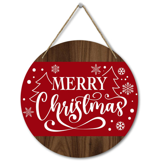 Merry Christmas Round Red Wooden Hanging Door Decor Sign - 8 Inch Christmas Door Hanger with Rope, Indoor/Outdoor Farmhouse Decor Supplies