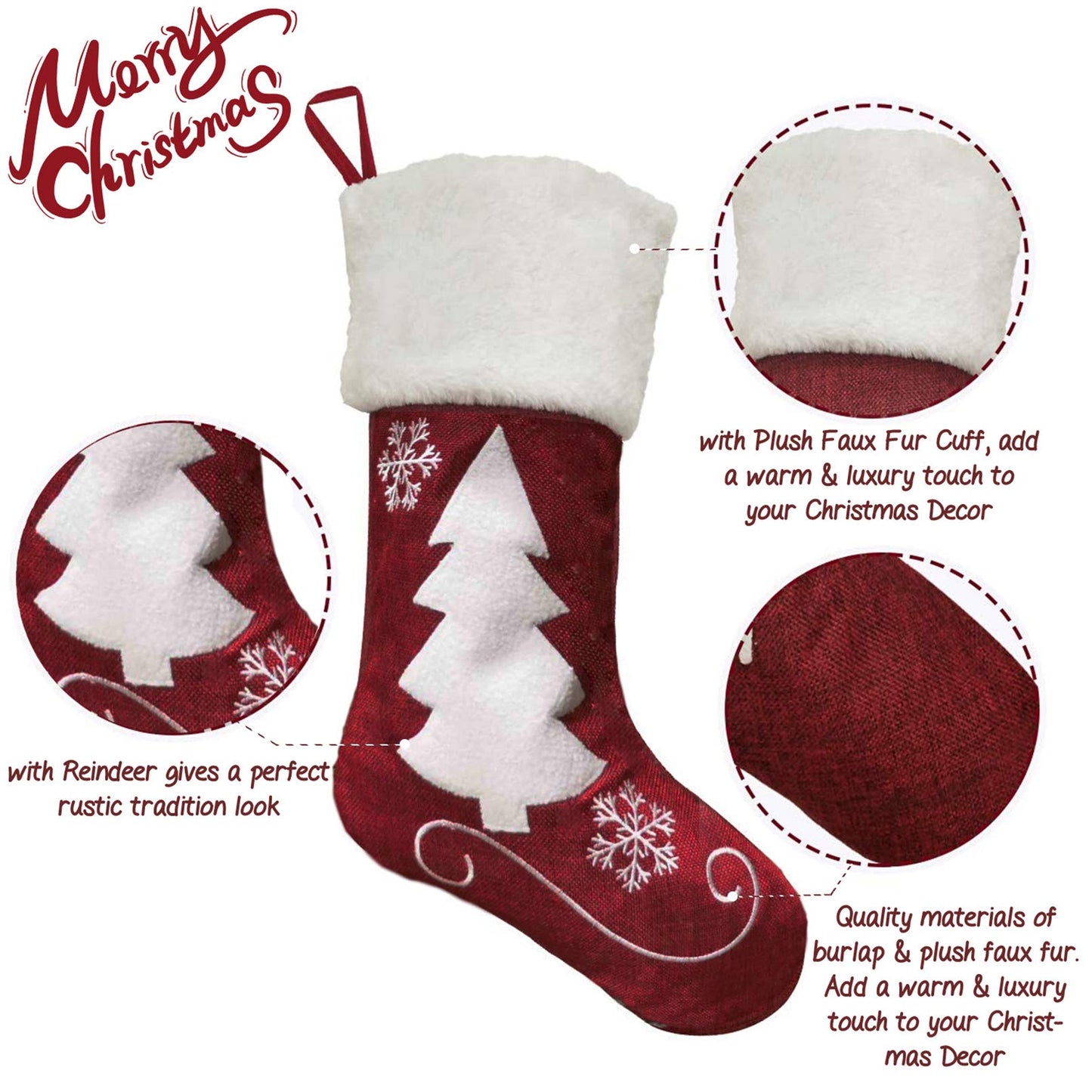 Christmas Stockings, 2 Pcs 18 inches Christmas Stockings, Burlap with Large Plush Cuff Stockings, for Family Holiday Xmas Party Decorations