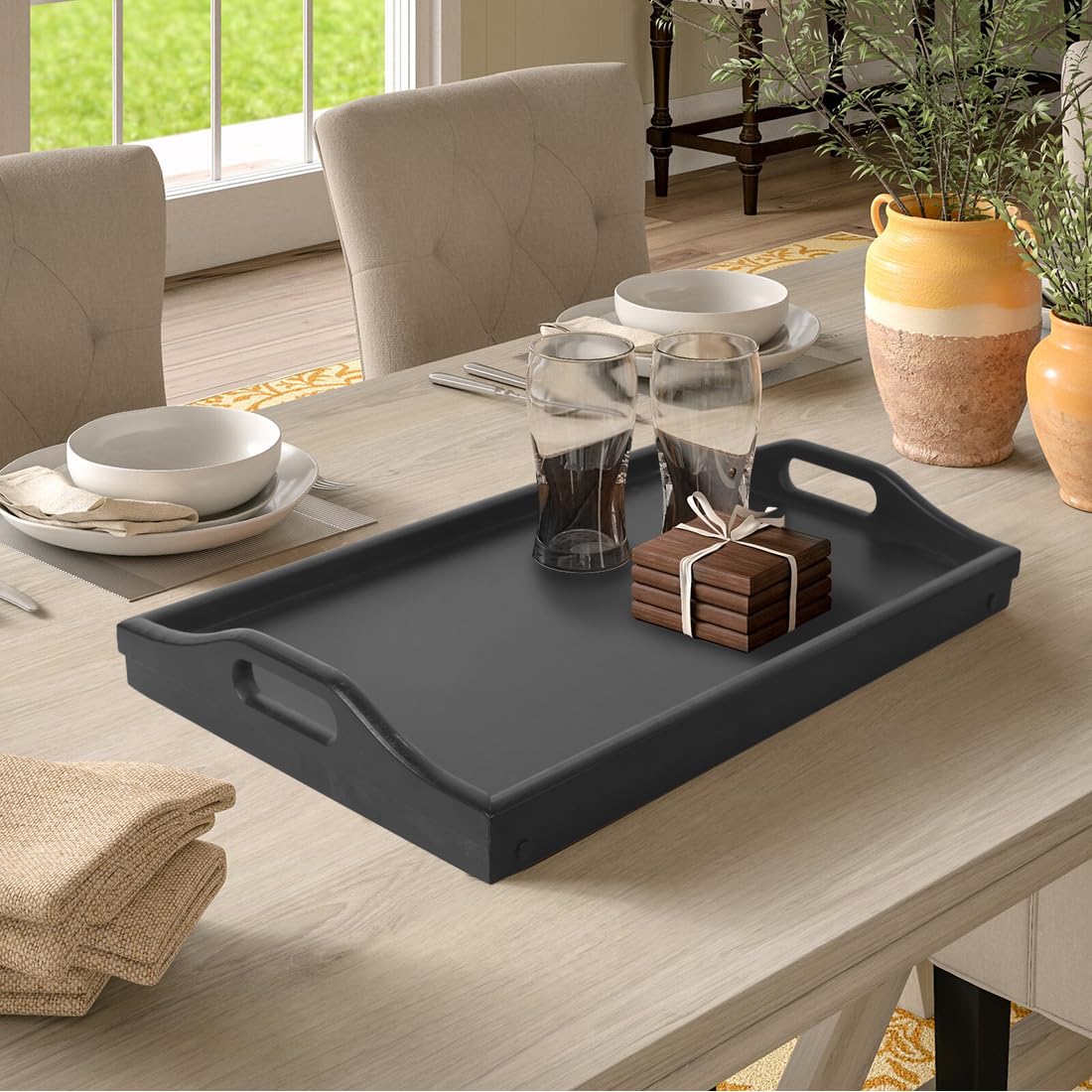 Jibanie Multi-Purpose Bamboo Wood Lap Desk - Folding Legs, Breakfast Food Tray, Serving Dinner Tea TV Tray - Lightweight, Minimalist Black