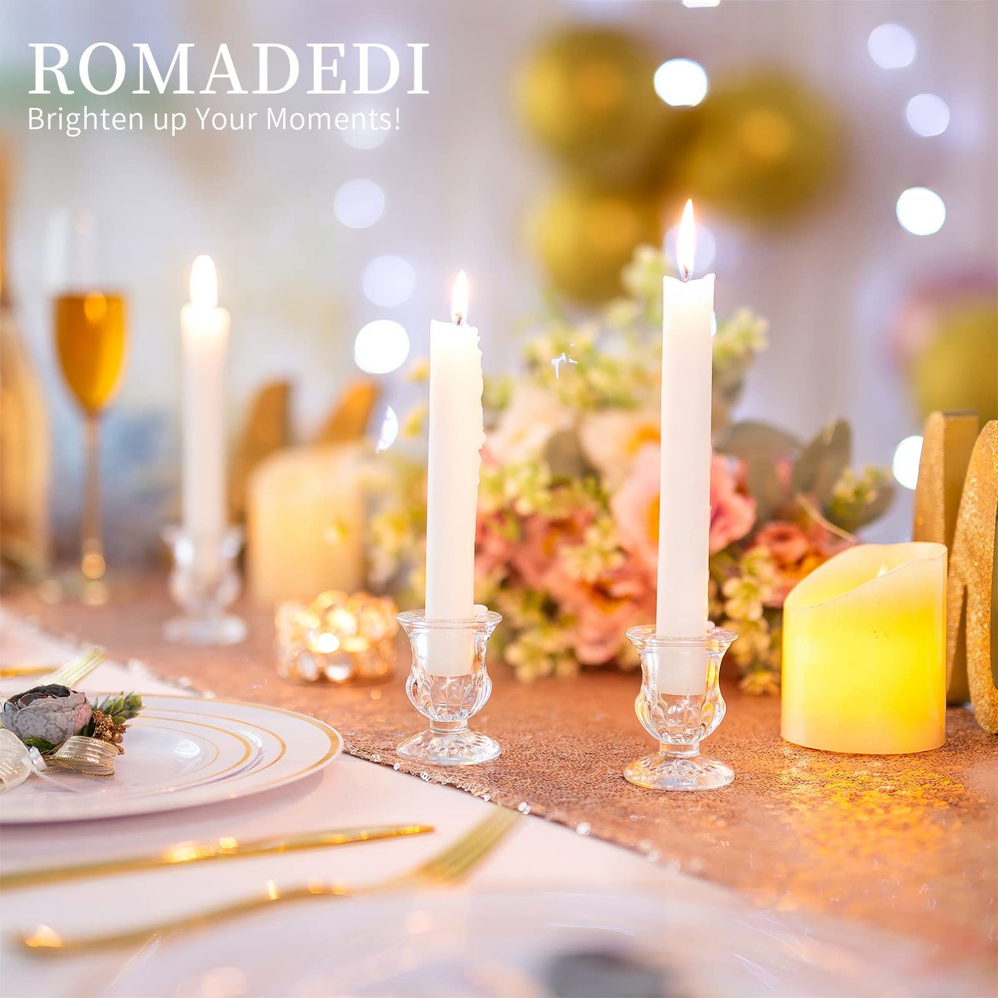 Romadedi Glass Taper Candle Holders - Clear Small Candlestick Holder Bulk, Thicker Glass Candle Sticks Set for Wedding Christmas Party Dining Table Table Centerpiece Decor, 2Pcs