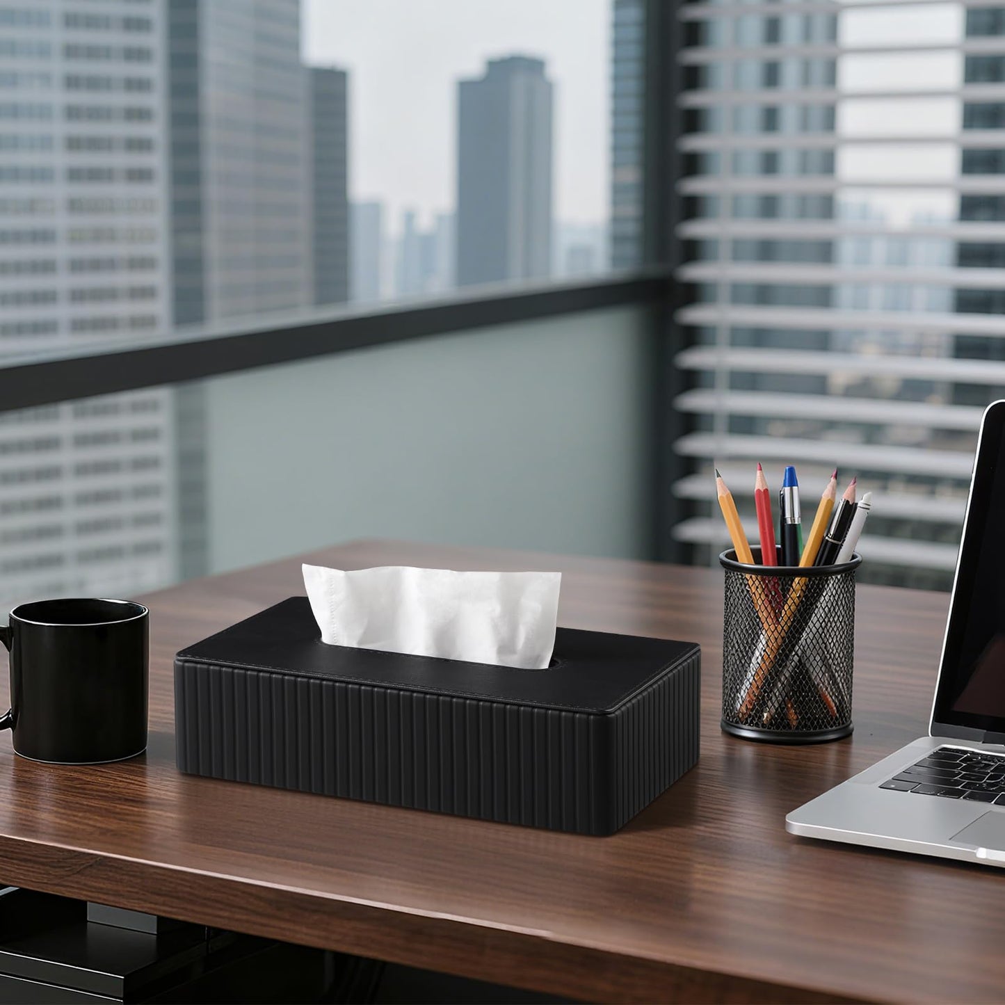 NICLNGSH PU Leather Short Tissue Box Cover Rectangle, Small Tissue Box Holder with Magnetic Closure, Decorative Rectangular Tissue Holder for Bathroom Car Office (Black)