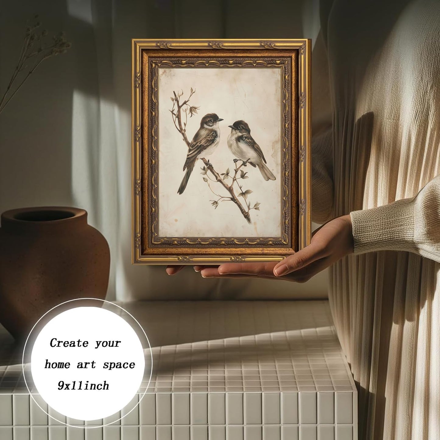 yunjulp Vintage Gold Framed Bird Wall Art, Birds in Love on a Branch Canvas Prints,Minimalist Antique Neutral Sketch Painting Picture Rustic Farmhouse Wall Decor for Bathroom Bedroom 9" x 11"