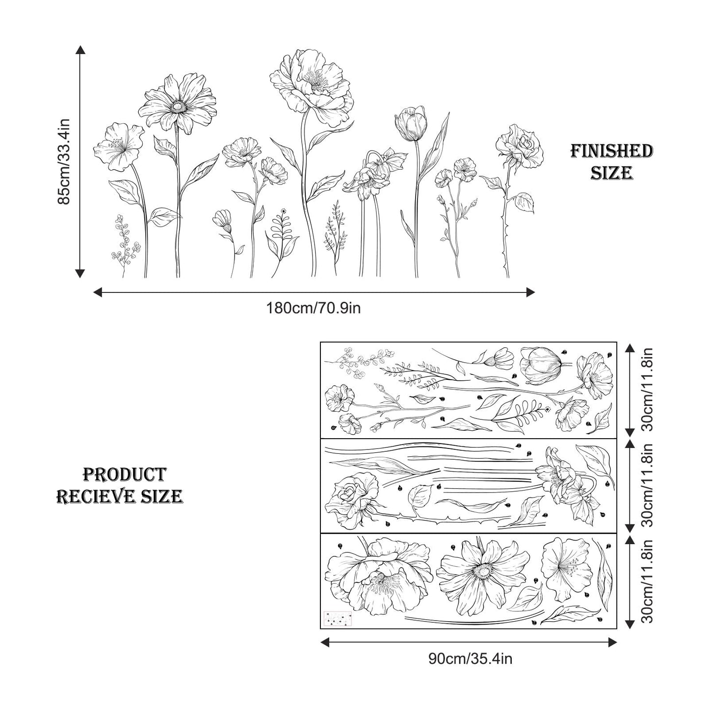 Large Black Boho Flower Wall Decals, 3 Sheets Simple Sketch Floral Wall Stickers Peony Wildflower Peel Stick Wall Art Decor Bedroom Home Room Office Garden Hall Adult Gifts for Mom(11.8x35.4 in/Sheet)