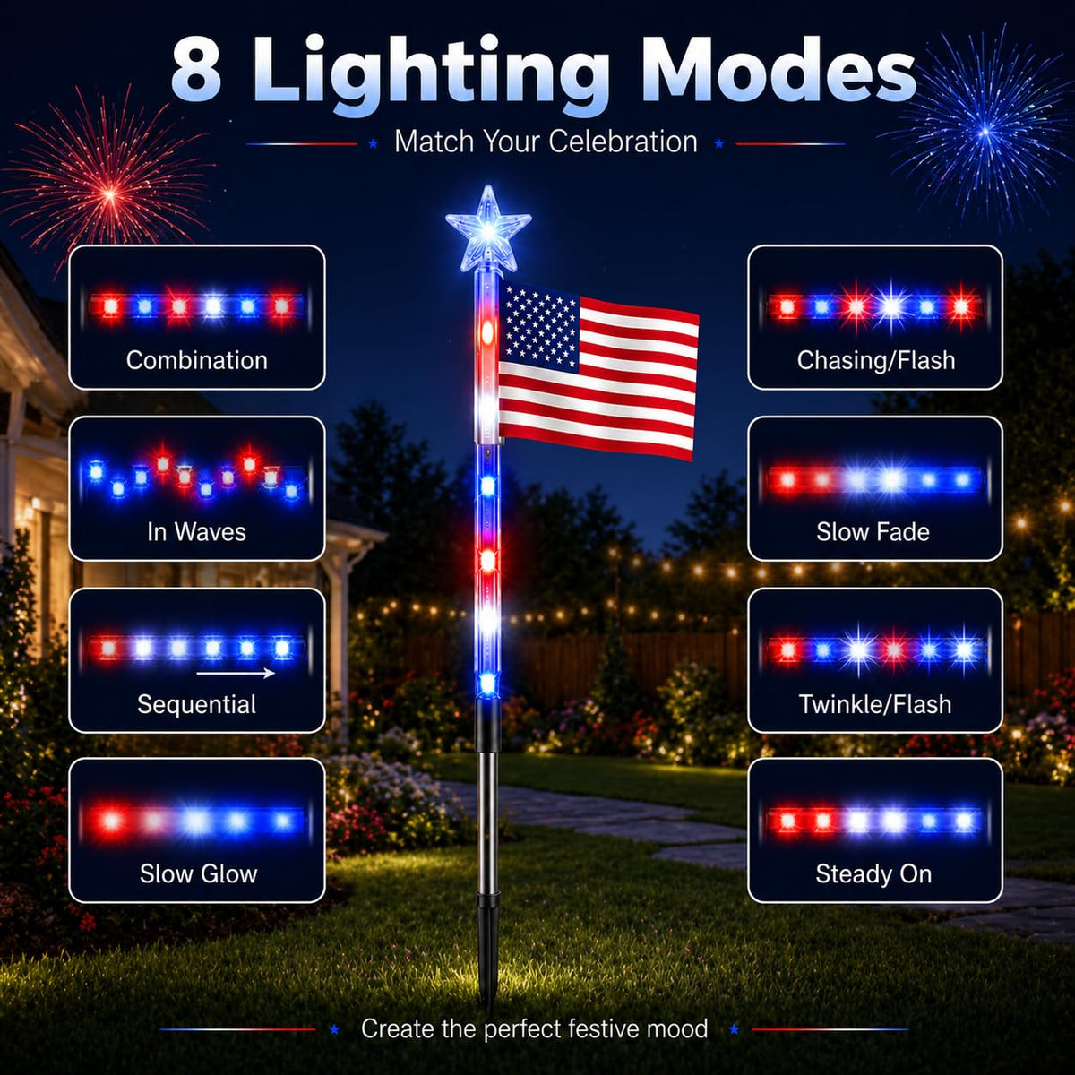 8 Pack Solar American Flag Pathway Lights, Patriotic Red White Blue Outdoor Stake Lights, Waterproof Solar LED Yard Garden Decorations for 4th of July, Independence Day