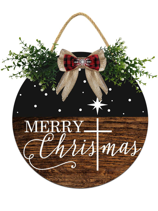 Boylee Merry ChrisTmas Decorations Wreath, Wooden Hanging Sign Rustic Wooden Holiday Decor for Front Door Porch Window Wall Farmhouse Indoor Outdoor Decorations 11x11Inch