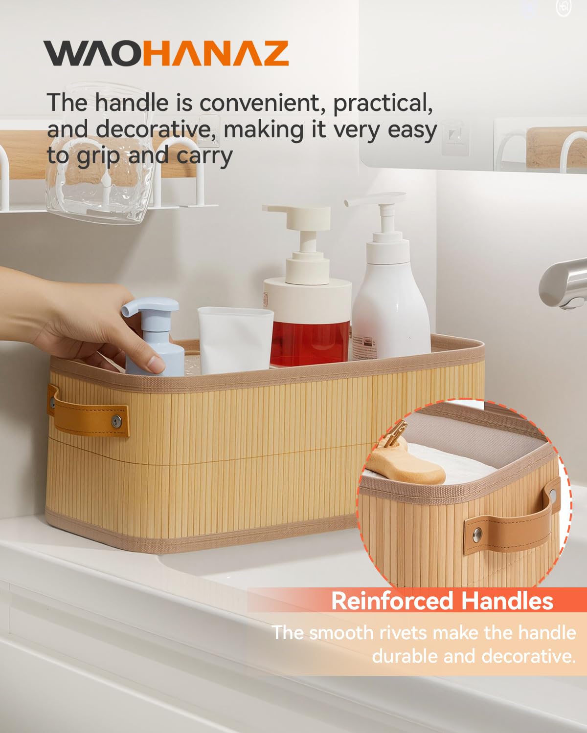 Narrow Storage Bins, Small Basket for Closet and Shelves, Bamboo Toilet Paper Storage Organizer with Handles for Countertop-Bathroom-Home Decor, 2-Pack