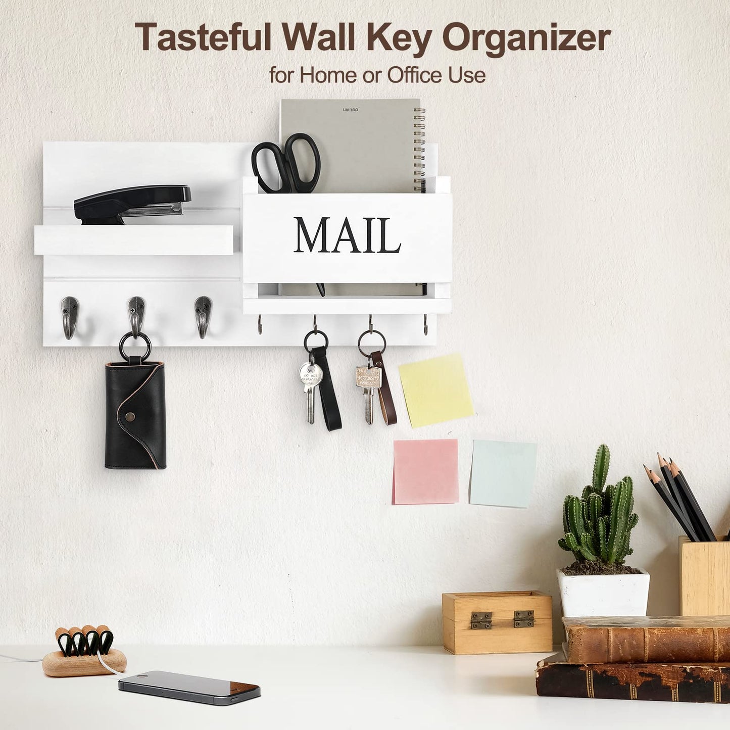 Lwenki Mail Organizer for Wall Mount – Key Holder with Shelf Includes Letter Holder and Hooks for Hallway Farmhouse Decor – Rustic Wood with Flush Mounting Hardware (16.5” x 9.1” x 3.4”) (White)