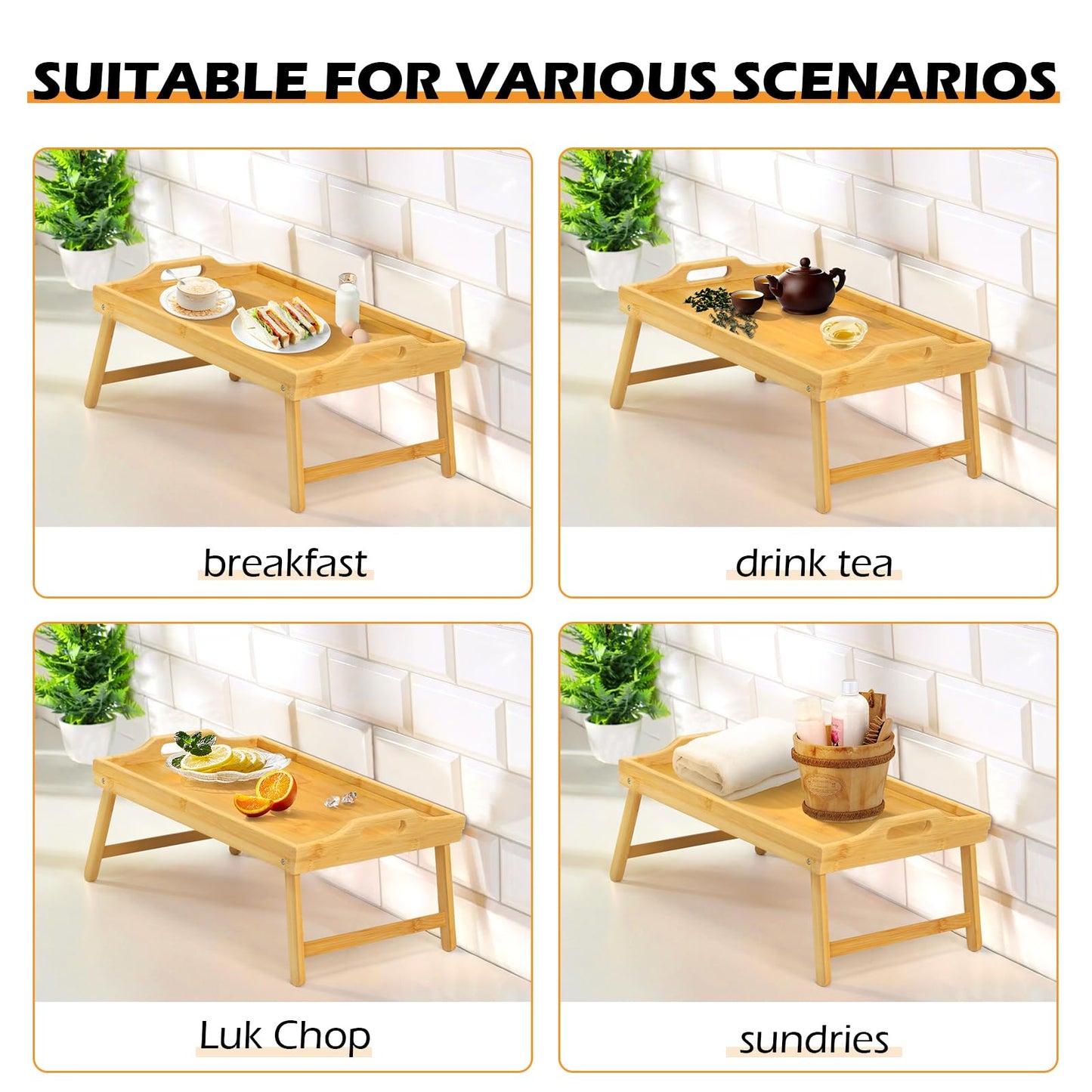 Bamboo Bed Tray Table, Folding Legs and Handles, Breakfast Tray, Laptop Desk for Bed or Sofa, Serving Tray for Eating, Working, Reading,Picnic