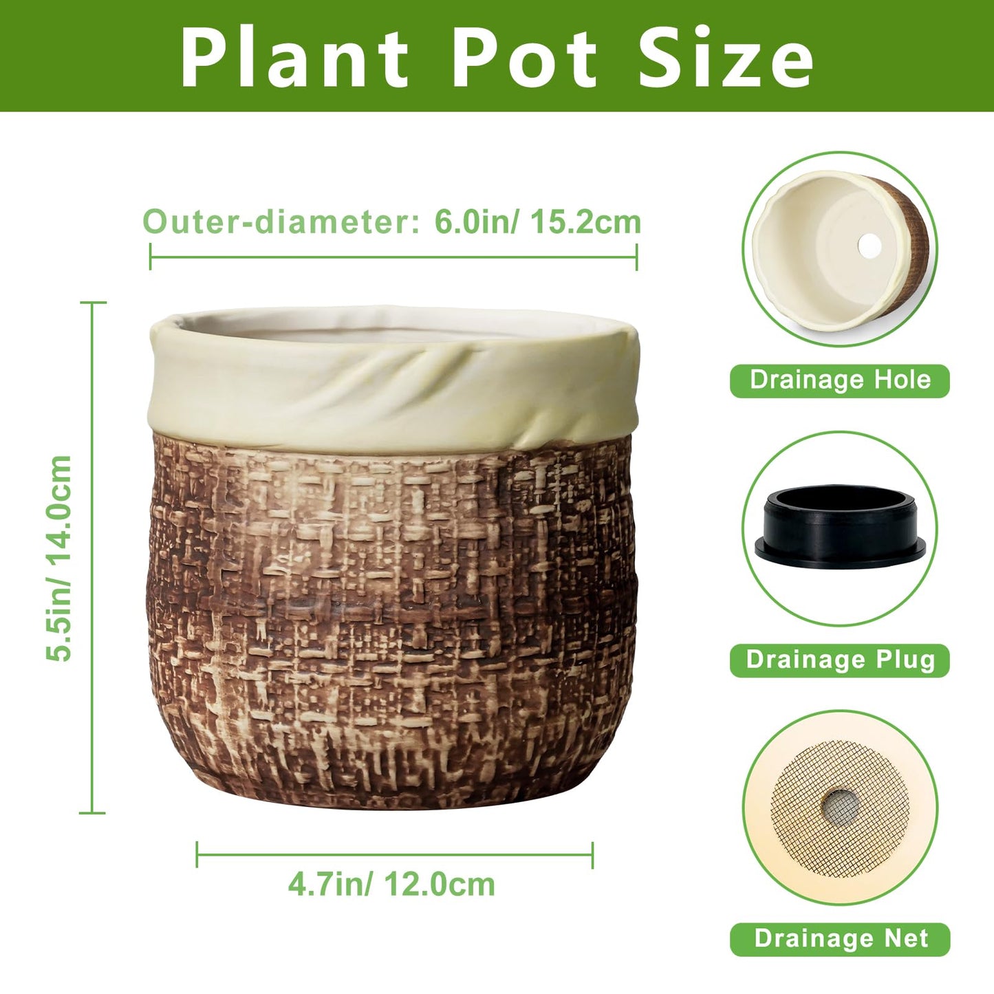 Teagas 6 Inch Plant Pot - Ceramic Pots for Plants with Drainage Hole and Plug, Unique Plant Pots for Indoor Outdoor Plants, Round Planter, Room Home Decor, Gifts for Plant Lovers, Brown