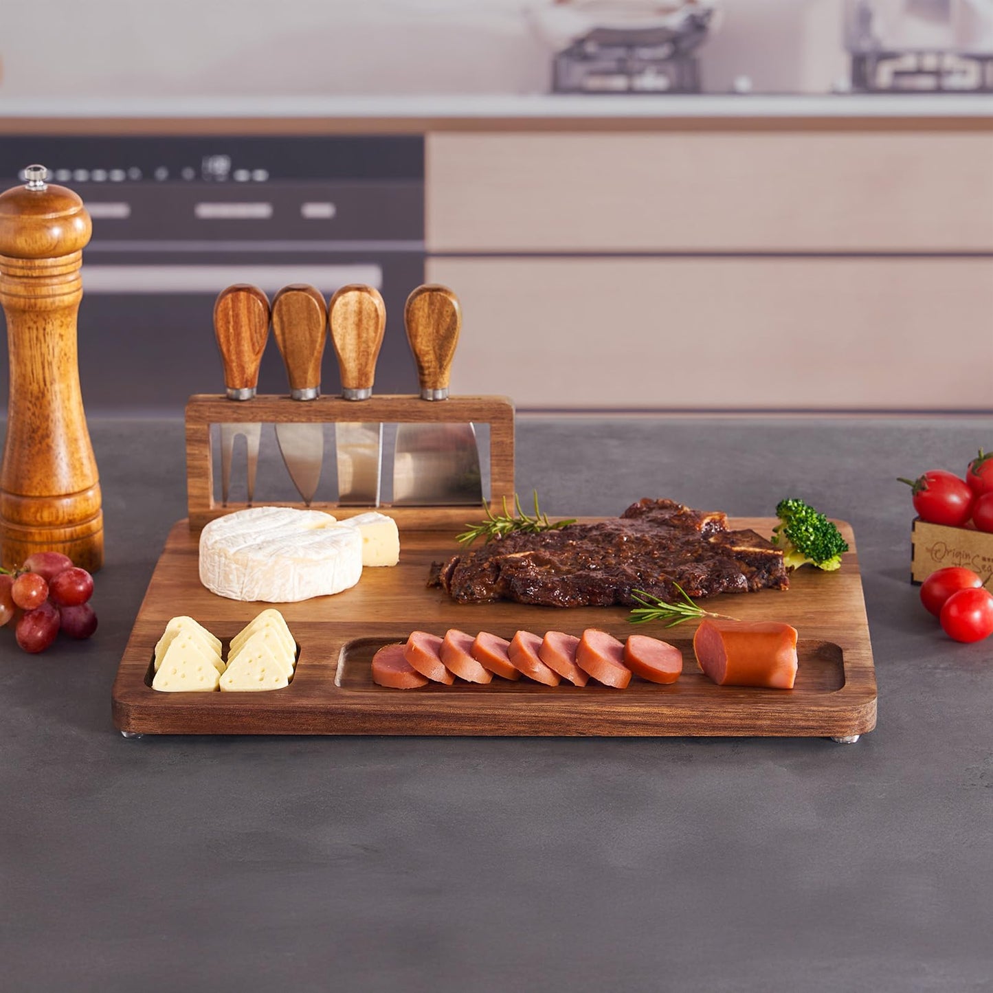 LITY Acacia Wood Charcuterie Board, Cheese Board Set with Magnetic Knife Holder, 14"x 11" Large Serving Tray for Meat, Ideal Gift for Anniversary, Christmas, Thanksgiving, Wedding, Halloween