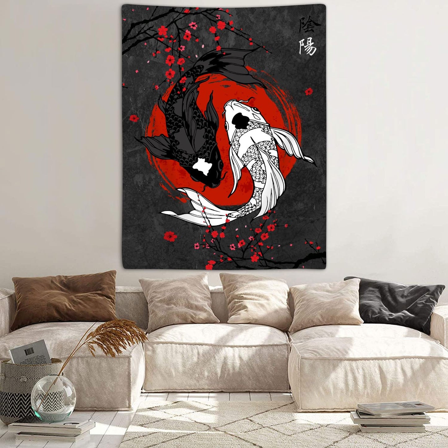 Sanzugh Japanese Yin Yang Koi Fish Tapestry, Cool Red and Black Anime Sakura Art Tapestries Vertical Wall Hanging for Men Bedroom Living Room Office Decor 40X60, Asian Cherry Blossoms Posters