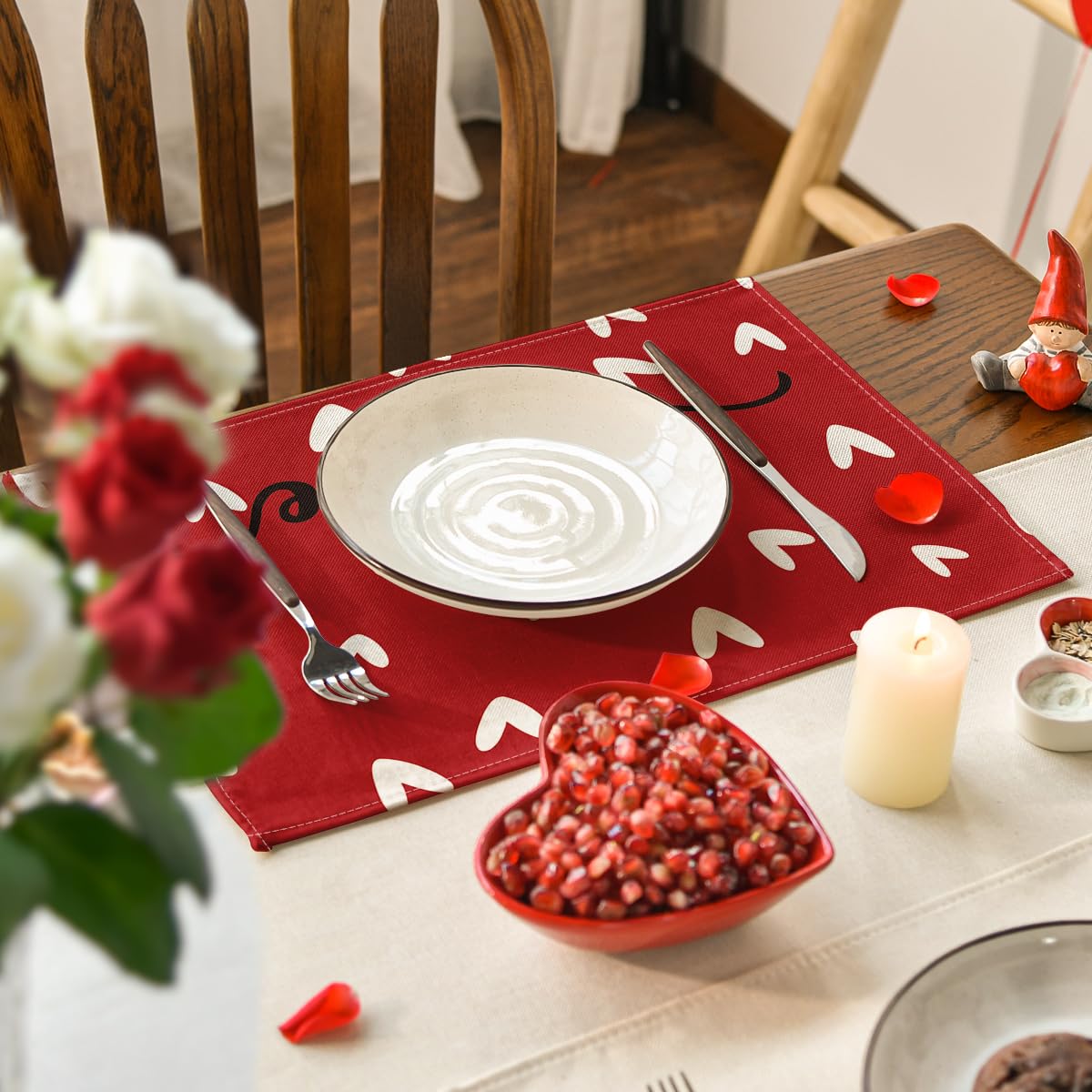 Artoid Mode Red Love Hearts Placemats Set of 4, 12x18 Inch Seasonal Anniversary Holiday Table Mats for Party Kitchen Dining Decoration