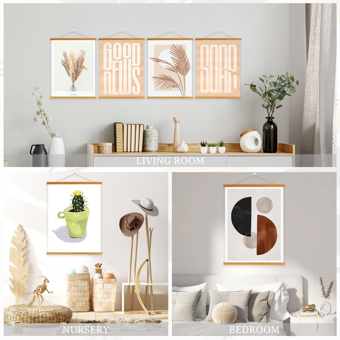 Benjia 4 Pack 8x10 8x12 8x18 Poster Frame, Magnetic Light Wood Frame Hanger for Photo Picutre Canvas Artwork Art Print Wall Hanging (4 Packs, 8", Teak Color)