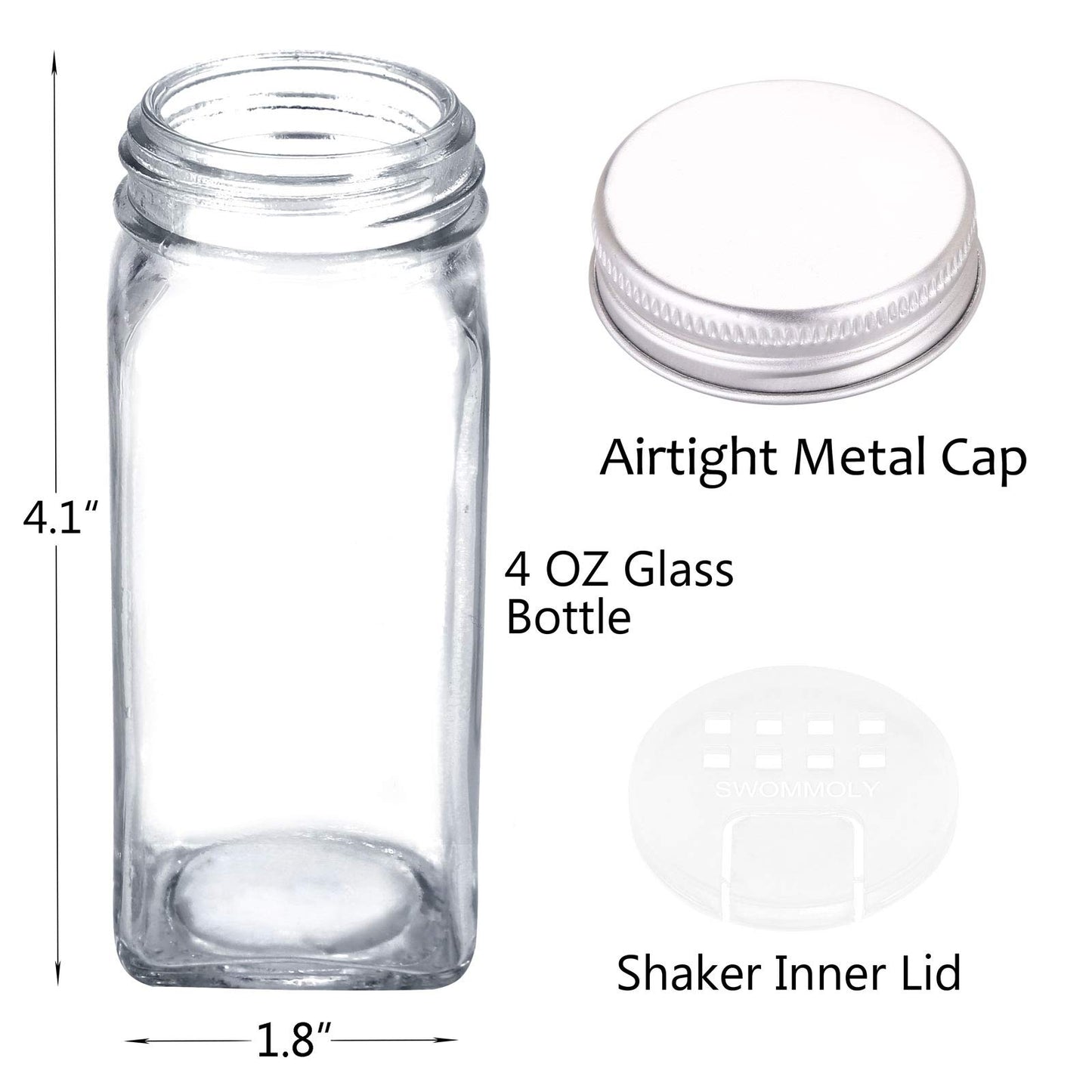 SWOMMOLY 48 Glass Spice Jars with 713 Spice Labels, Chalk Marker and Funnel Complete Set. 48 Square Glass Jars 4OZ, Airtight Cap, Pour/sift Shaker Lid