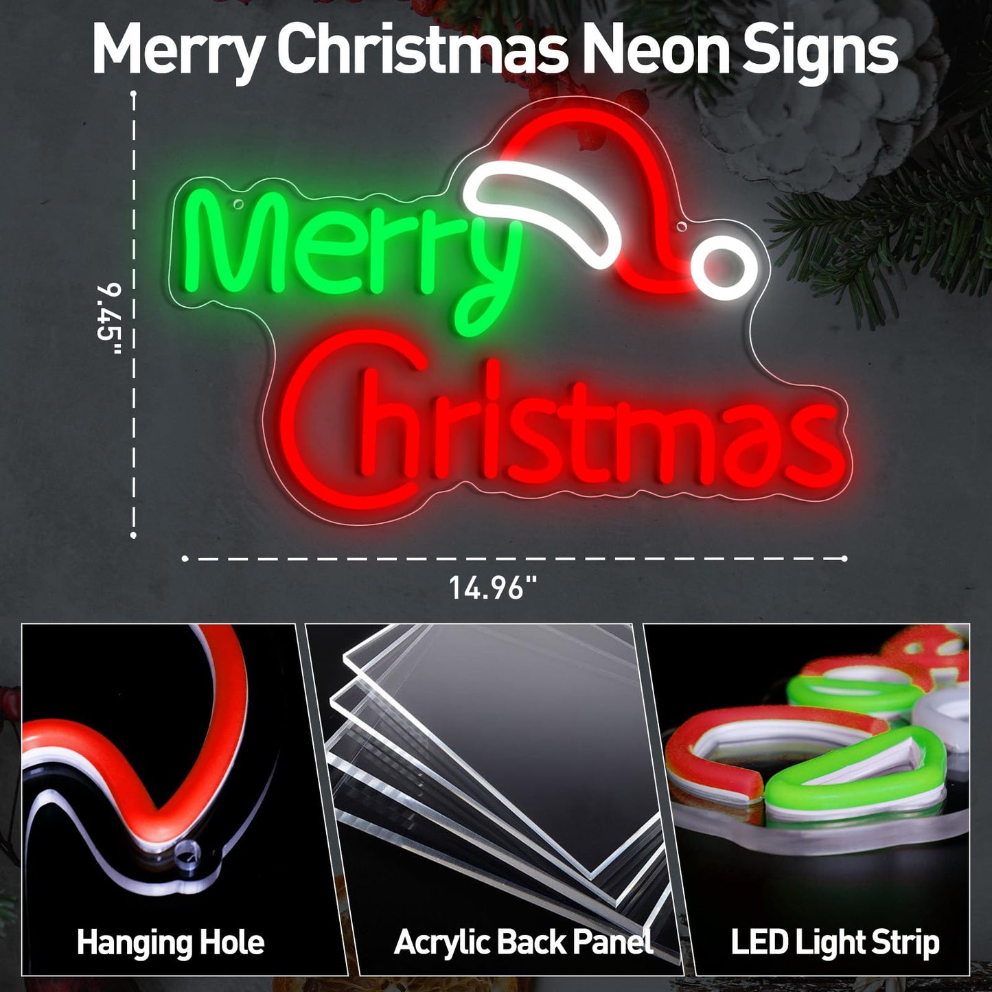 Merry Christmas Neon Signs, Dimmable Merry Christmas LED Light Sign For Holiday Party Home Bar Decoration, USB Powerd Christmases Neon Lights For Wall Decor Festival Celebration 14.96" × 9.45"