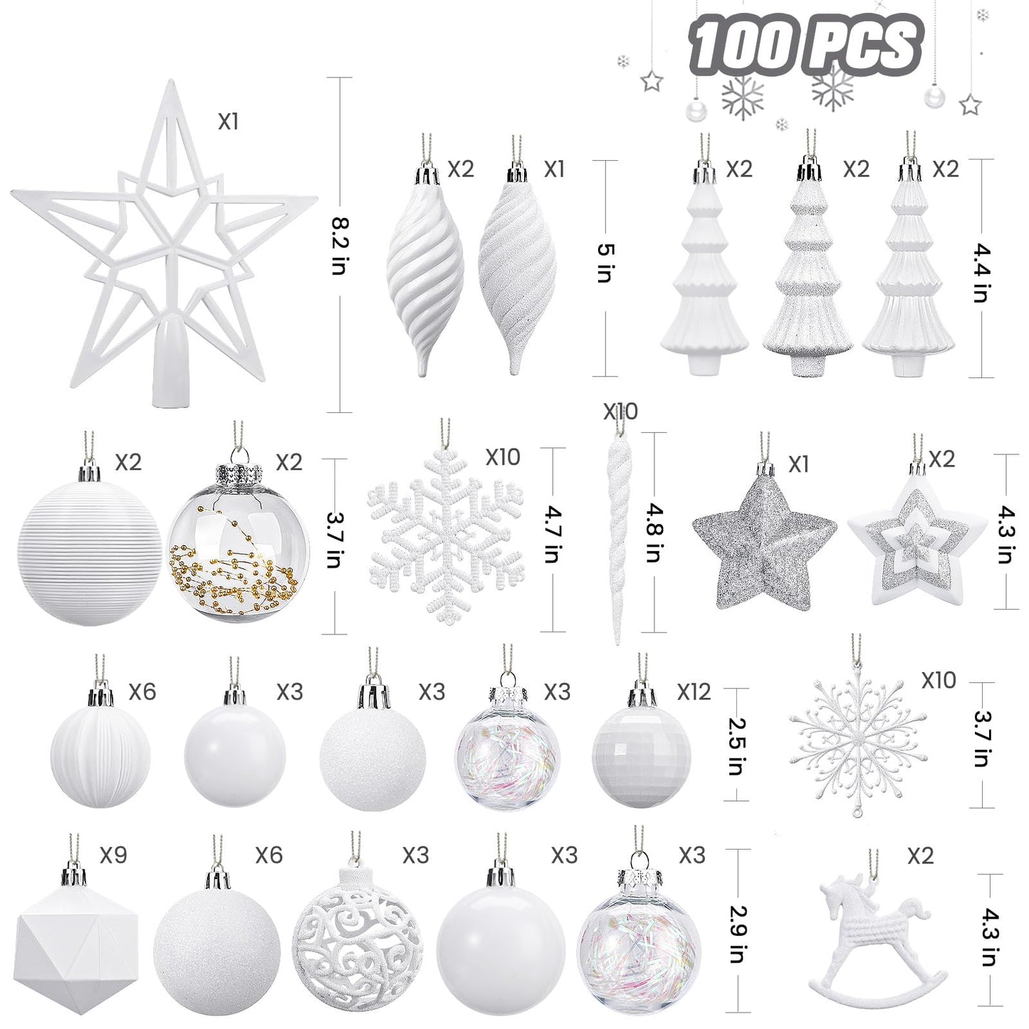 SHareconn 100pcs Christmas Tree Decorations Ornaments Set, Shatterproof Plastic Baubles Decorative Balls for Xmas Tree Decor Holiday Wedding Party, White