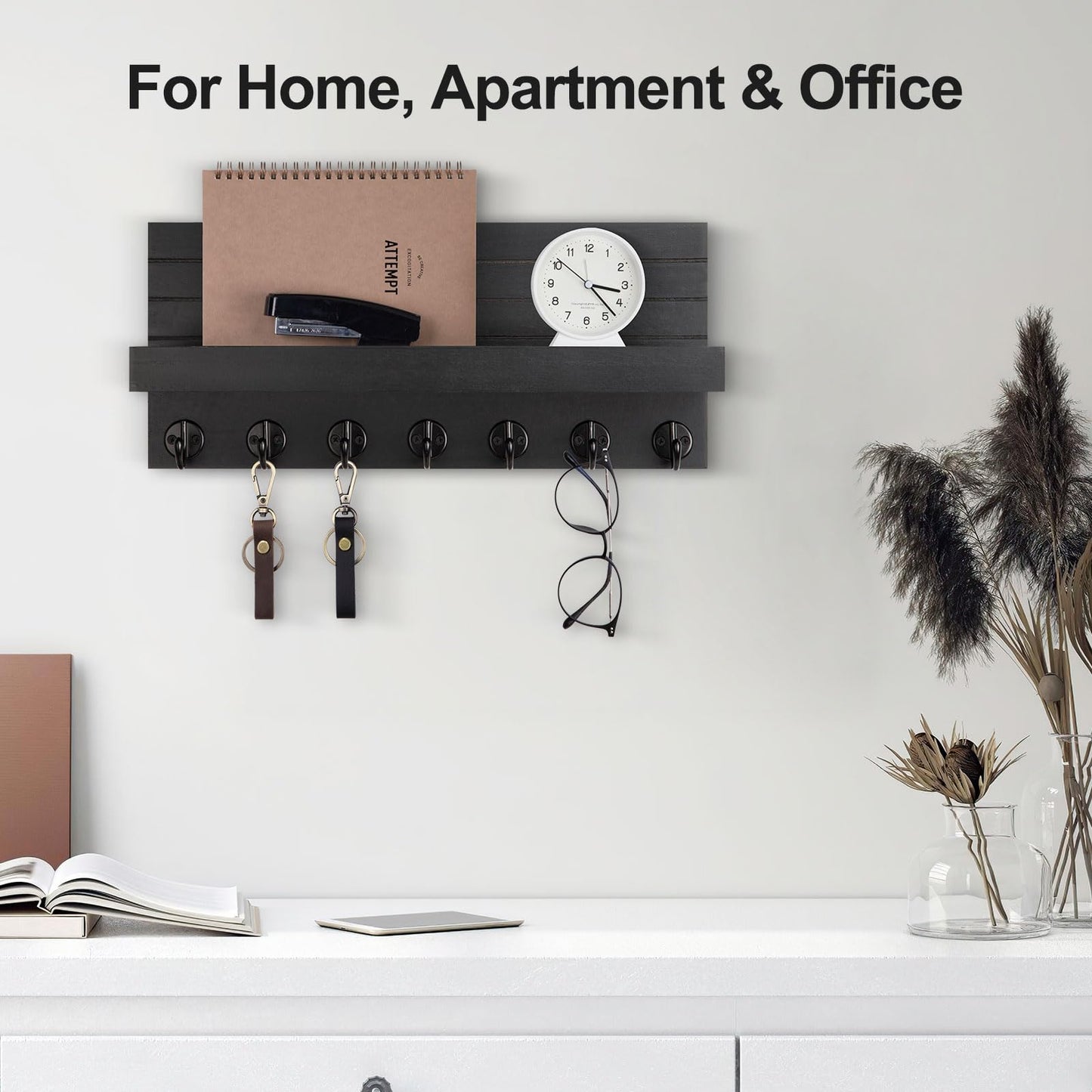 Lwenki Key Holder Wall Mount, Entryway Key and Mail Holder with 7 Sturdy Hooks for Sunglasses, Dog Leash, Decorative Wall Shelf with Mounting Hardware, 15”W x 6.7”H x 4.2”D