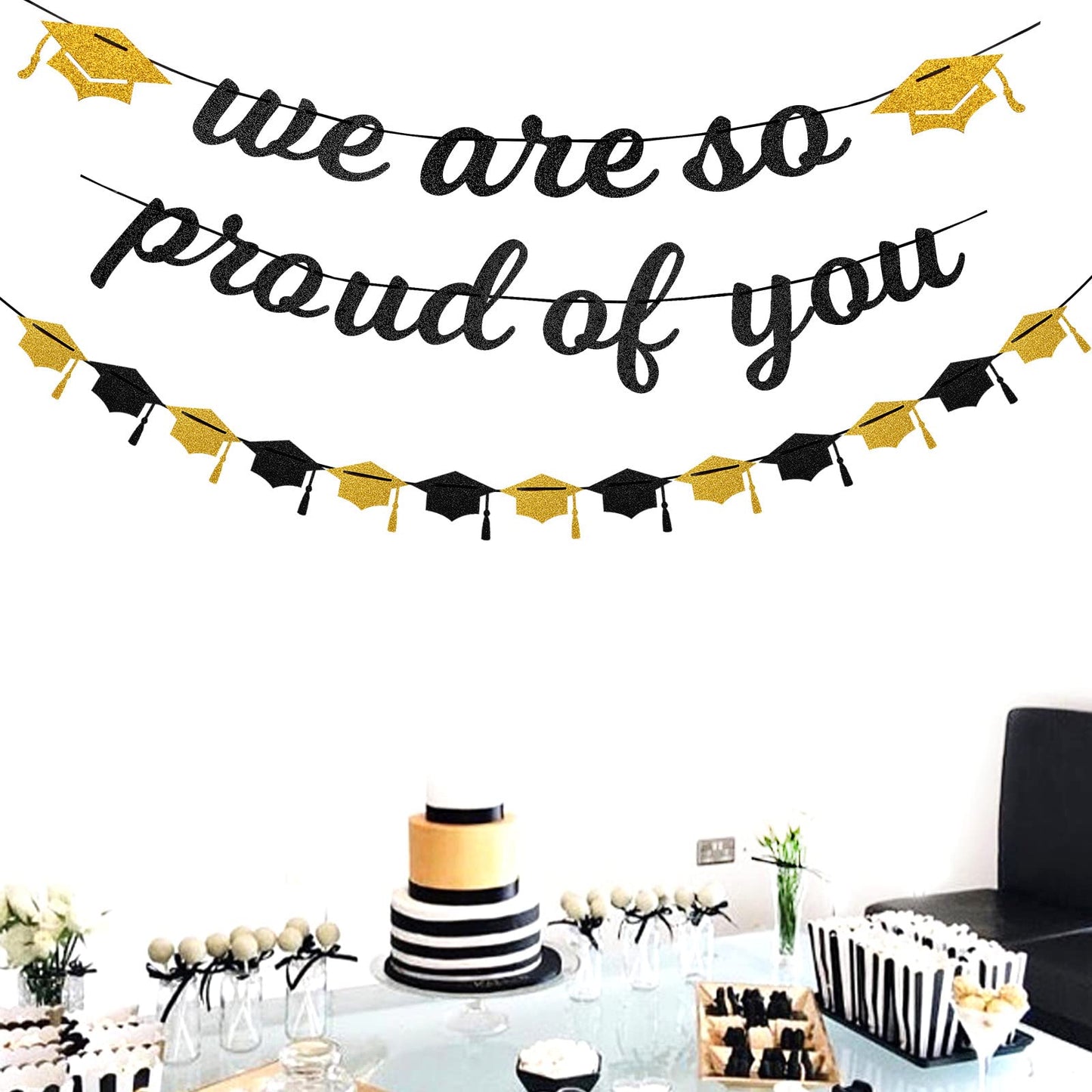 Black White-Gold Party-Decoration Graduation Banner - 8pcs Kits Cap Garland Streamers, Paper Tissue Pom Poms Flowers,We are So Proud of You Grad Graduation 2025 Decor Lasting Surprise