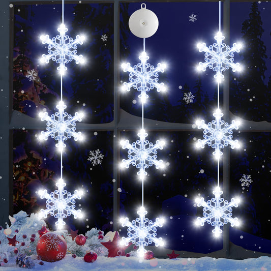 LYUBASA 3Pcs Christmas Window Lights Decorations with Timer, Battery Powered Christmas Window Hanging White Lighted Snowflake Shaped LED Sucker String Lamp for Xmas Tree Fireplace Window Indoor Decor